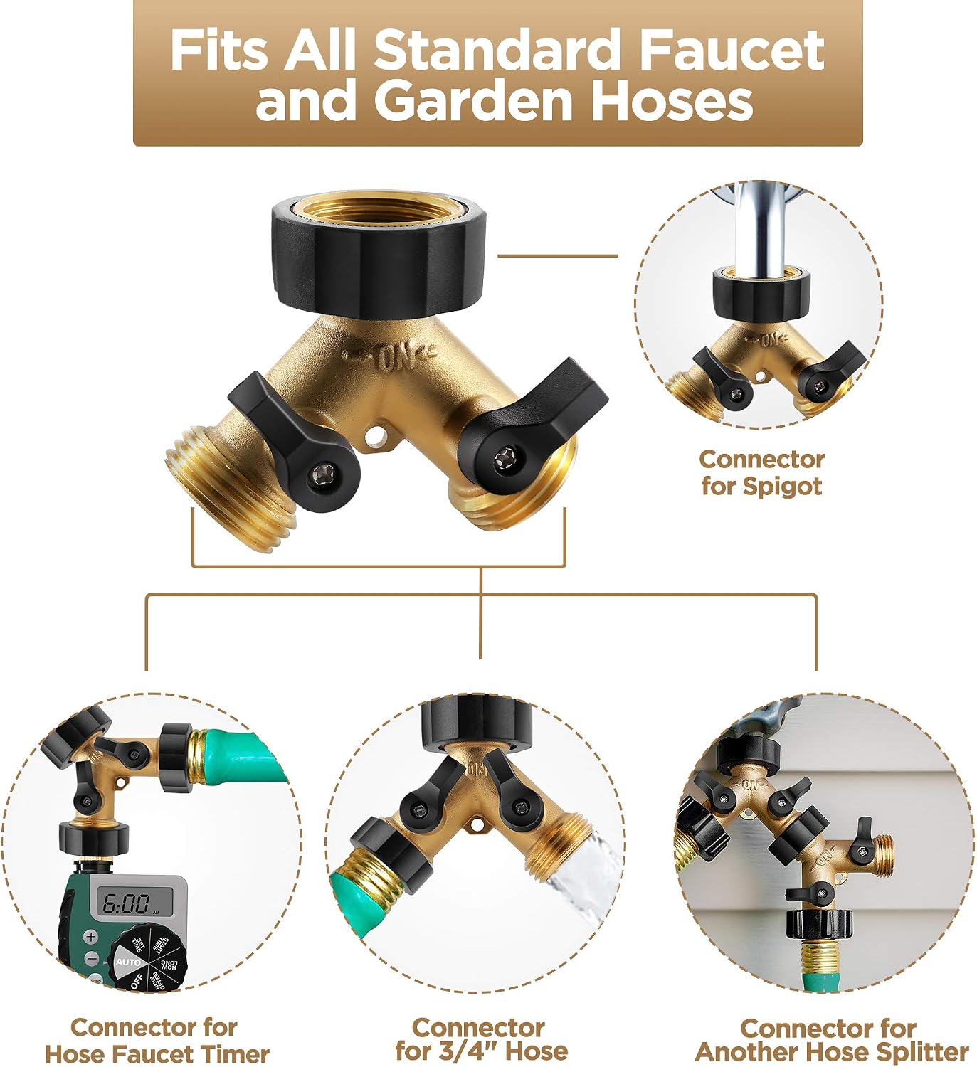 IPOW Brass Heavy Duty 2 Way Y Valve Garden Hose Splitter Adapter High Flow Spigot Splitter + 6 Rubber Hose Washers with Comfort Grip Use