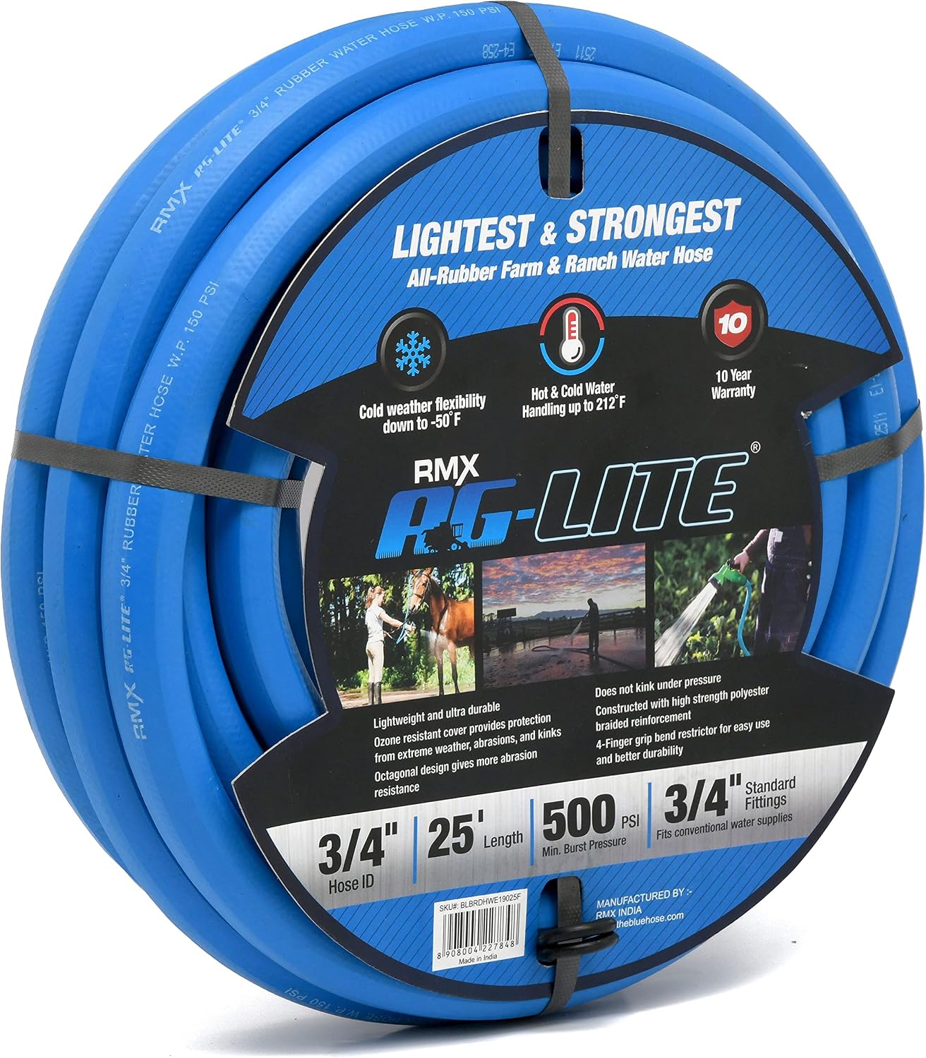 AG-LITE BSAL5825 5/8" x 25' Hot/Cold Water Rubber Garden Hose, 100% Rubber, Ultra-Light, Super Strong, 500 PSI, 50F to 190F Degrees, High Strength Polyester Braided