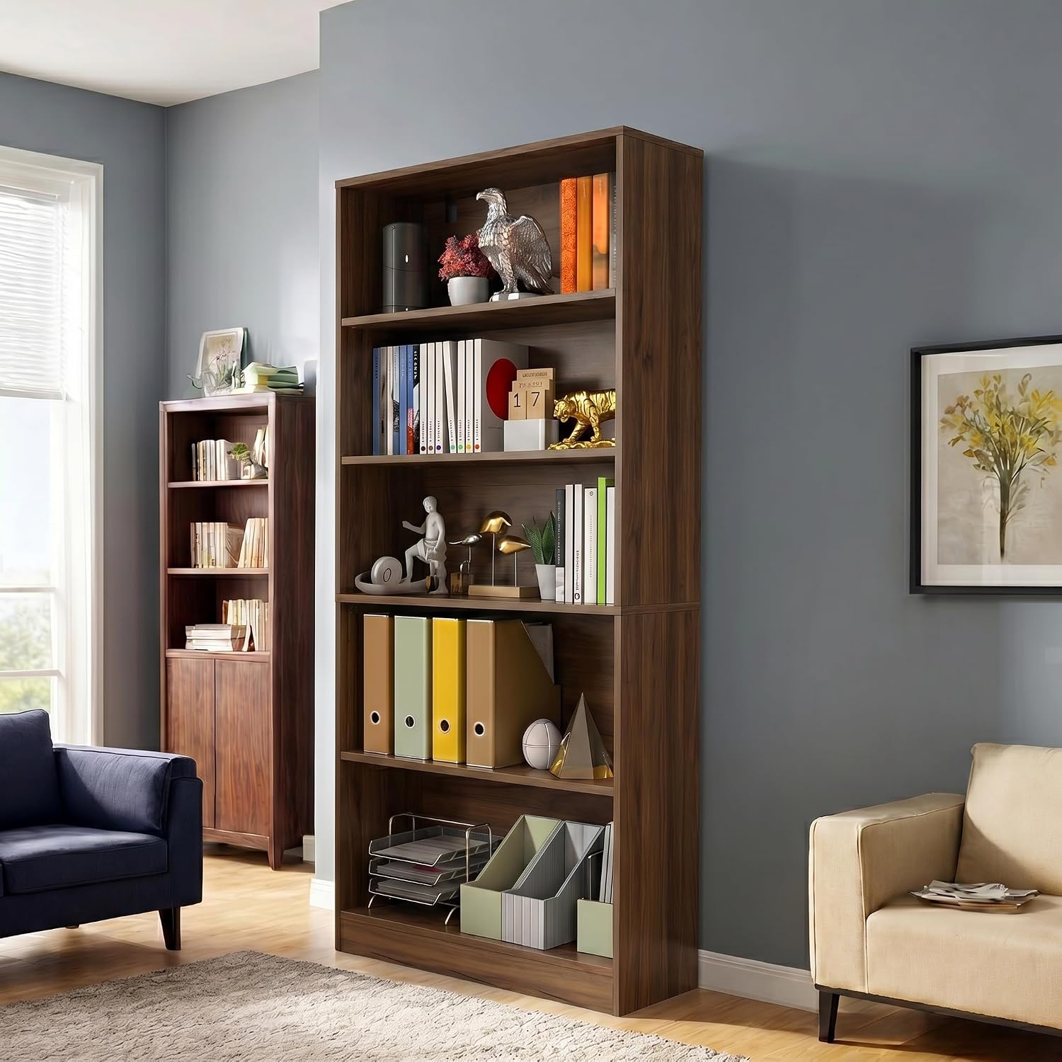 holzart 71" Tall Book Shelf, 5 Tier Large Bookshelf, Standing Wood Display Book Shelf for Living Room, Office, Library with Doors, 31.5" W x 70.87" H x 11.81" D, White