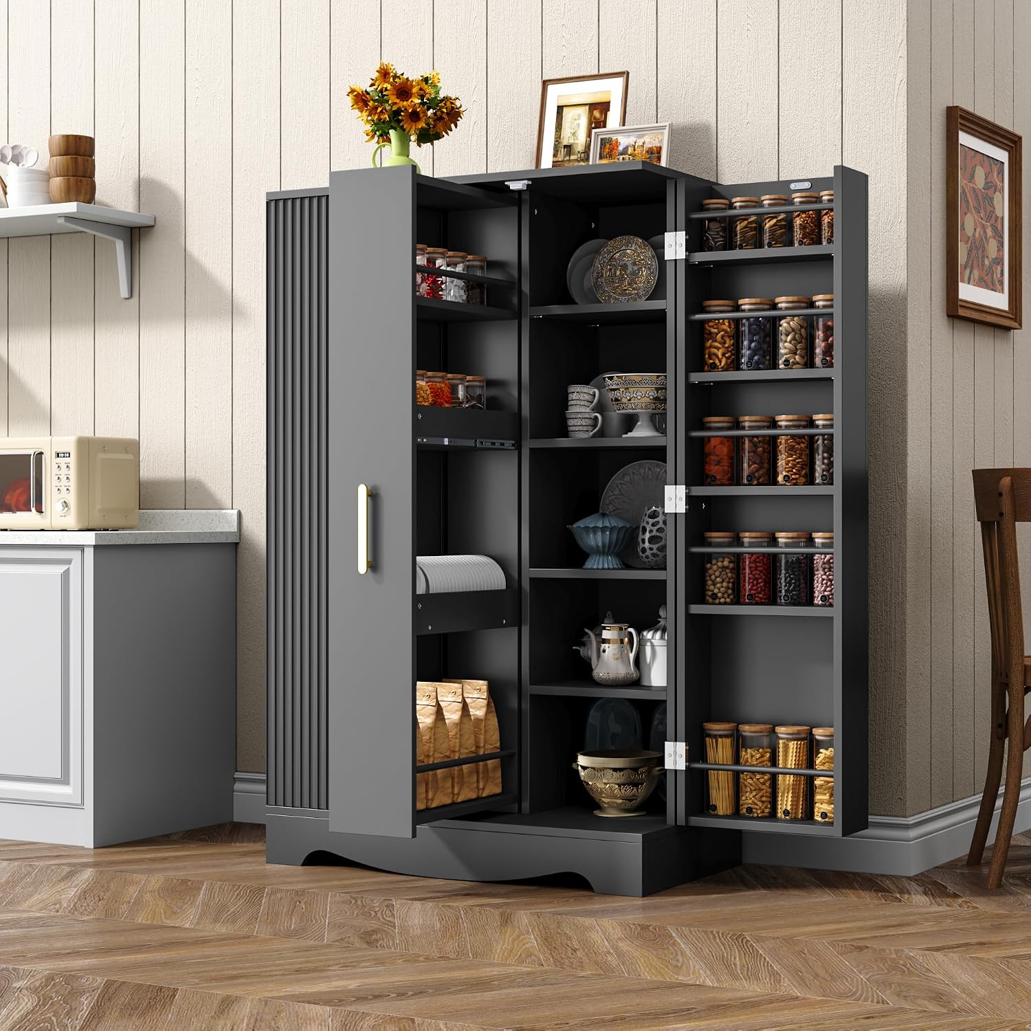 kepptory 47” Pantry Cabinet, Kitchen Pantry Storage Cabinet with Doors and Adjustable Shelves,Freestanding Buffet Cupboards Sideboard for Living Room and Dinning Room (White)