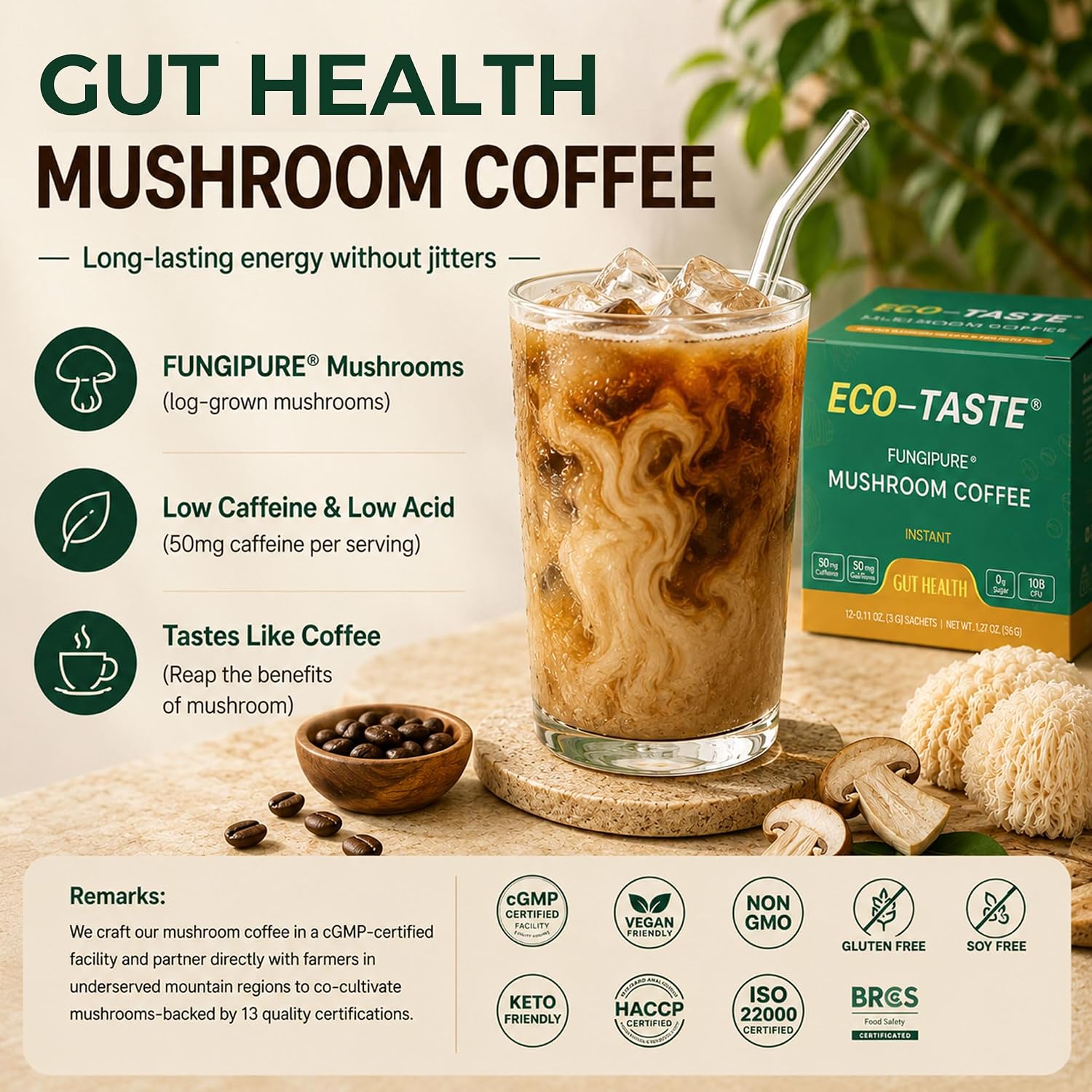 ECO-TASTE Mushroom Coffee Mix for Focus, 12 Sachets