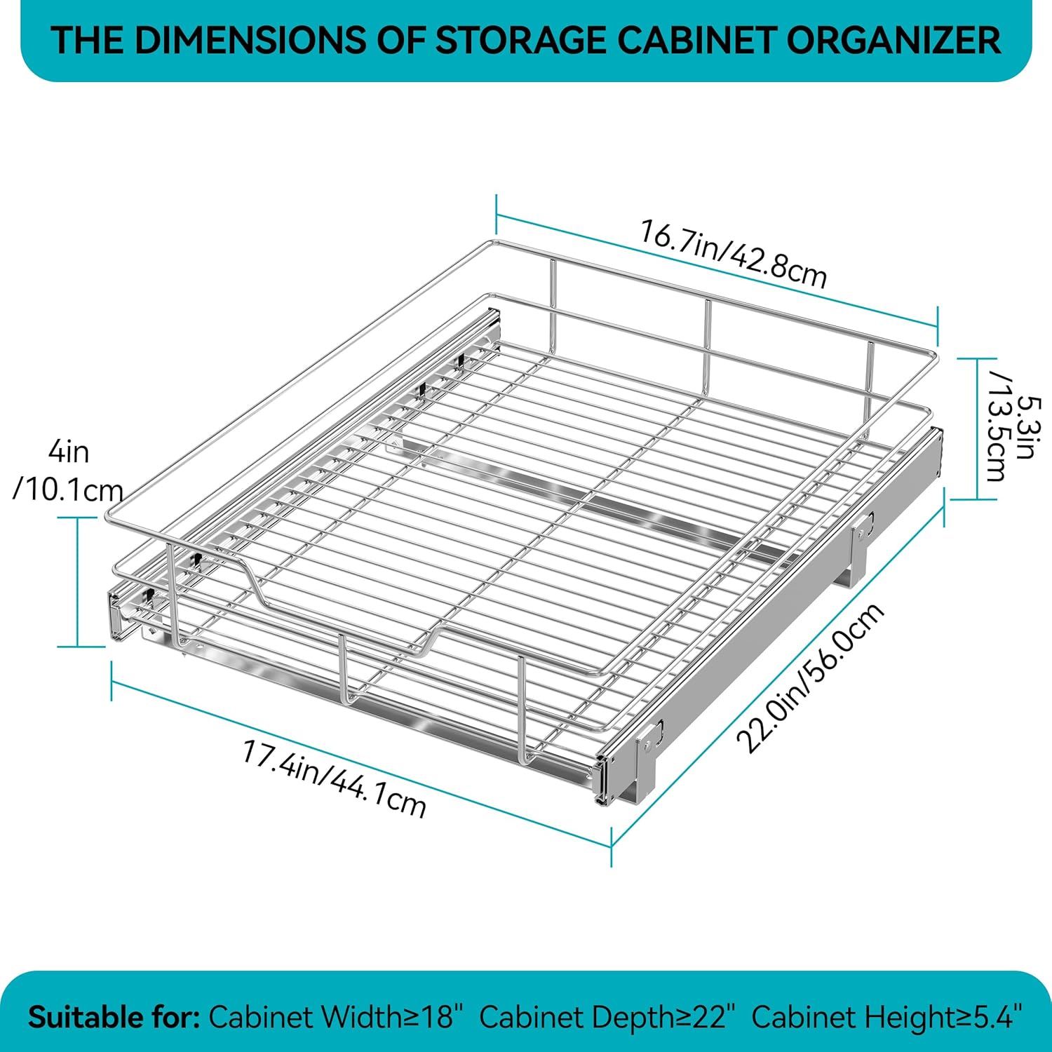 2 Tier Pull Out Cabinet Organizer 11" W X 22" D, Chromed, Full Slide Out
