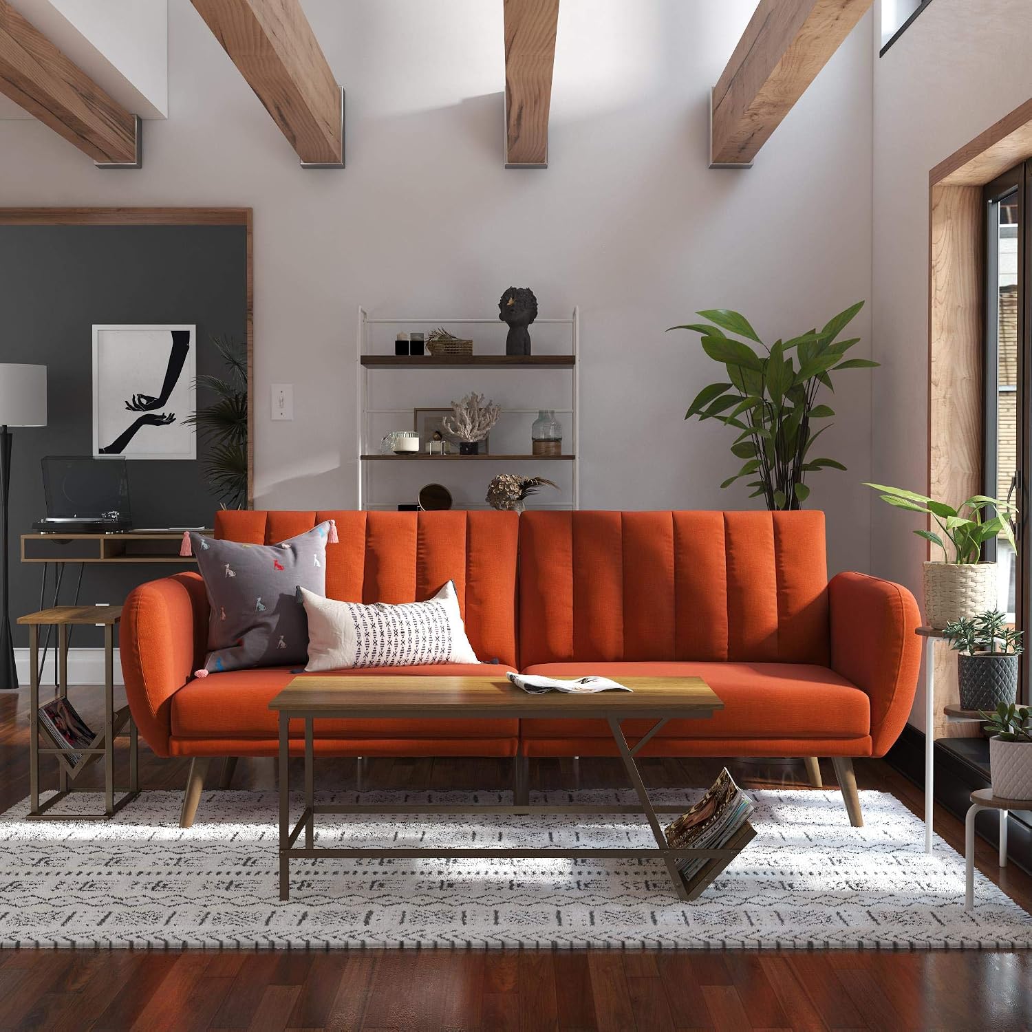 Novogratz Brittany Futon Sofa Bed and Couch Sleeper, Camel Faux Leather