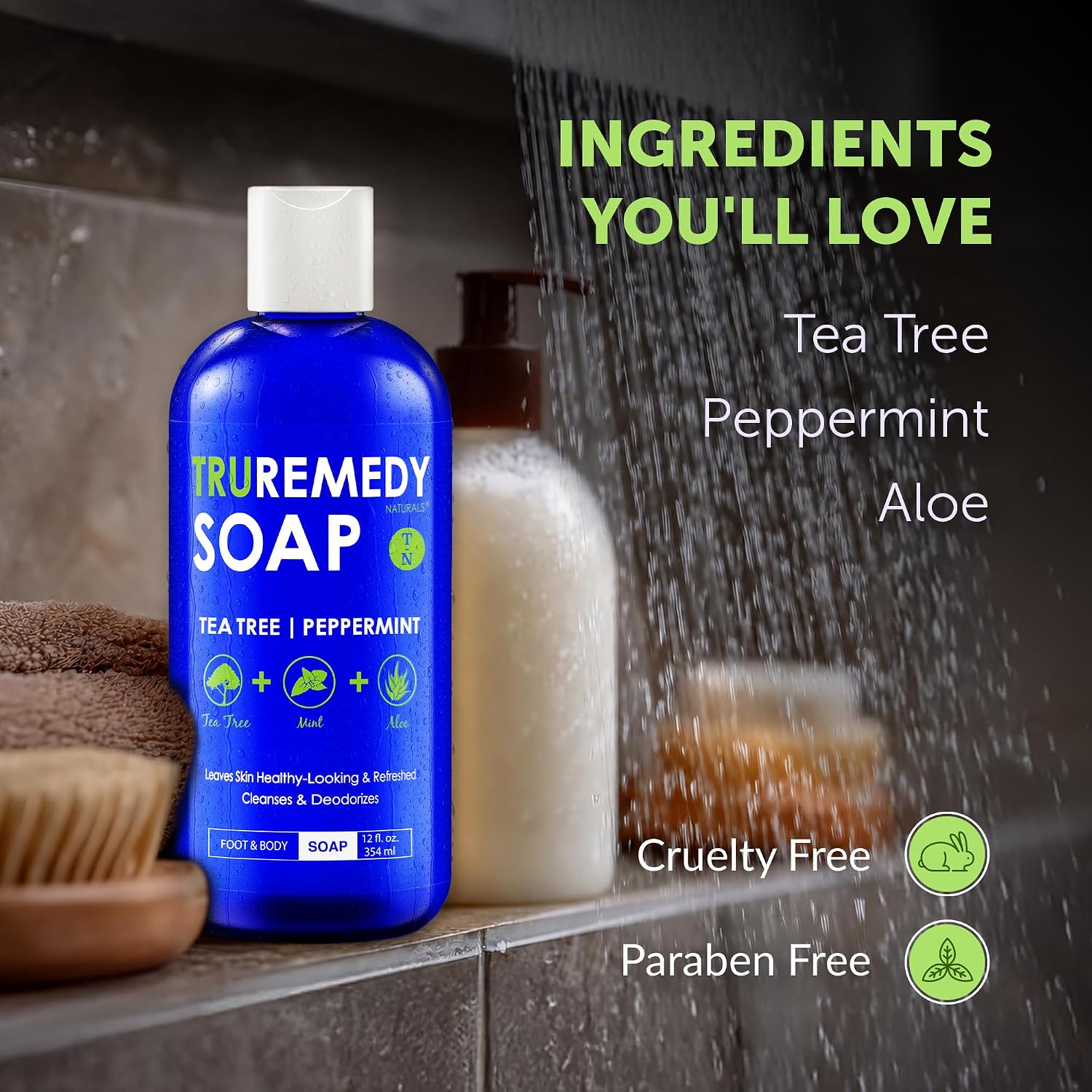 Truremedy Naturals 12 oz Tea Tree Oil Body Wash - Invigorating Tea Tree Soap with Peppermint, Aloe, Eucalyptus, Coconut and Olive Oil - Refreshing Body Wash for Men and Women - Shower Gel Cleanser