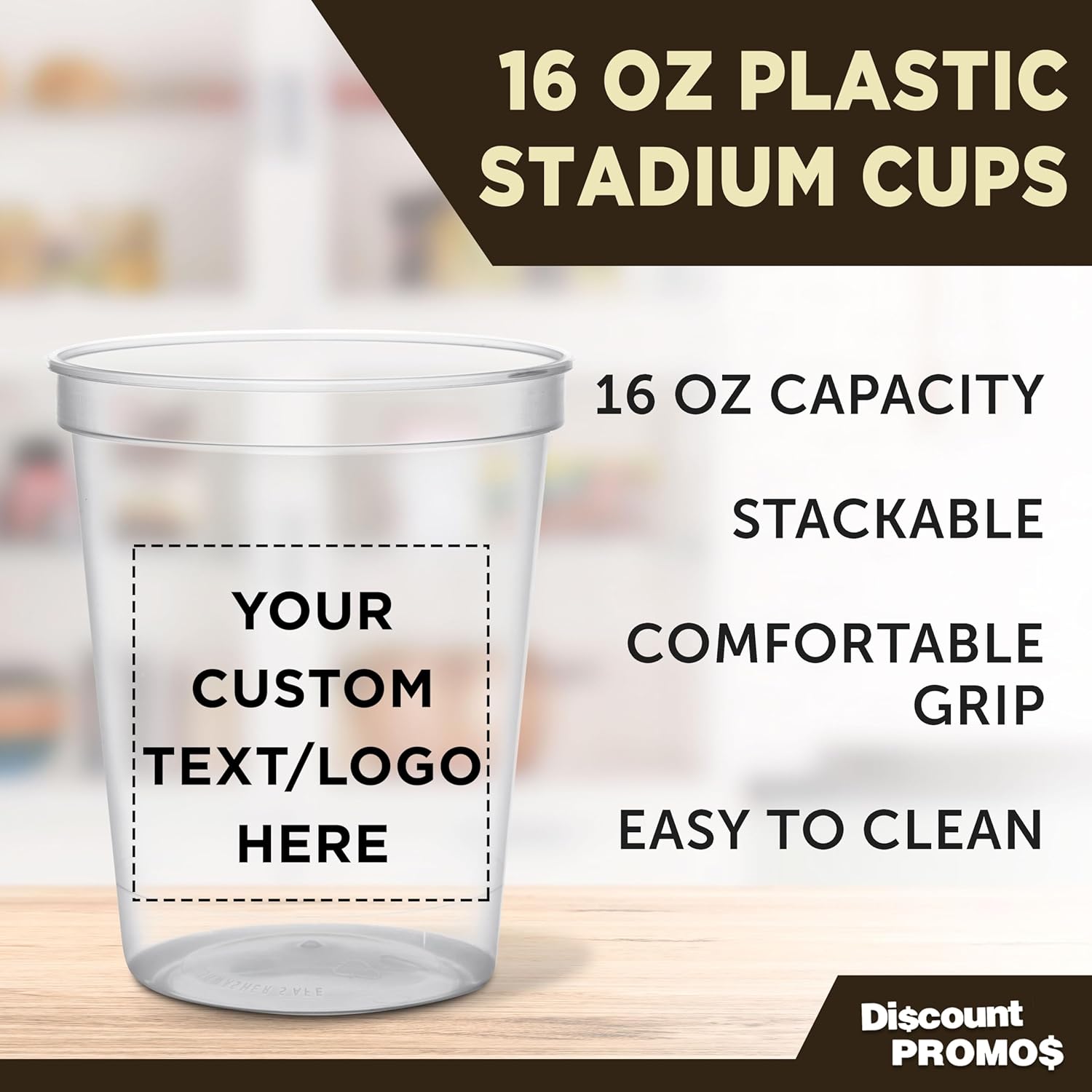 DISCOUNT PROMOS Custom Plastic Stadium Cups 16 oz. Set of 10/50/100, Personalized Bulk Pack - Perfect for Birthdays, Weddings, Picnic, Beach