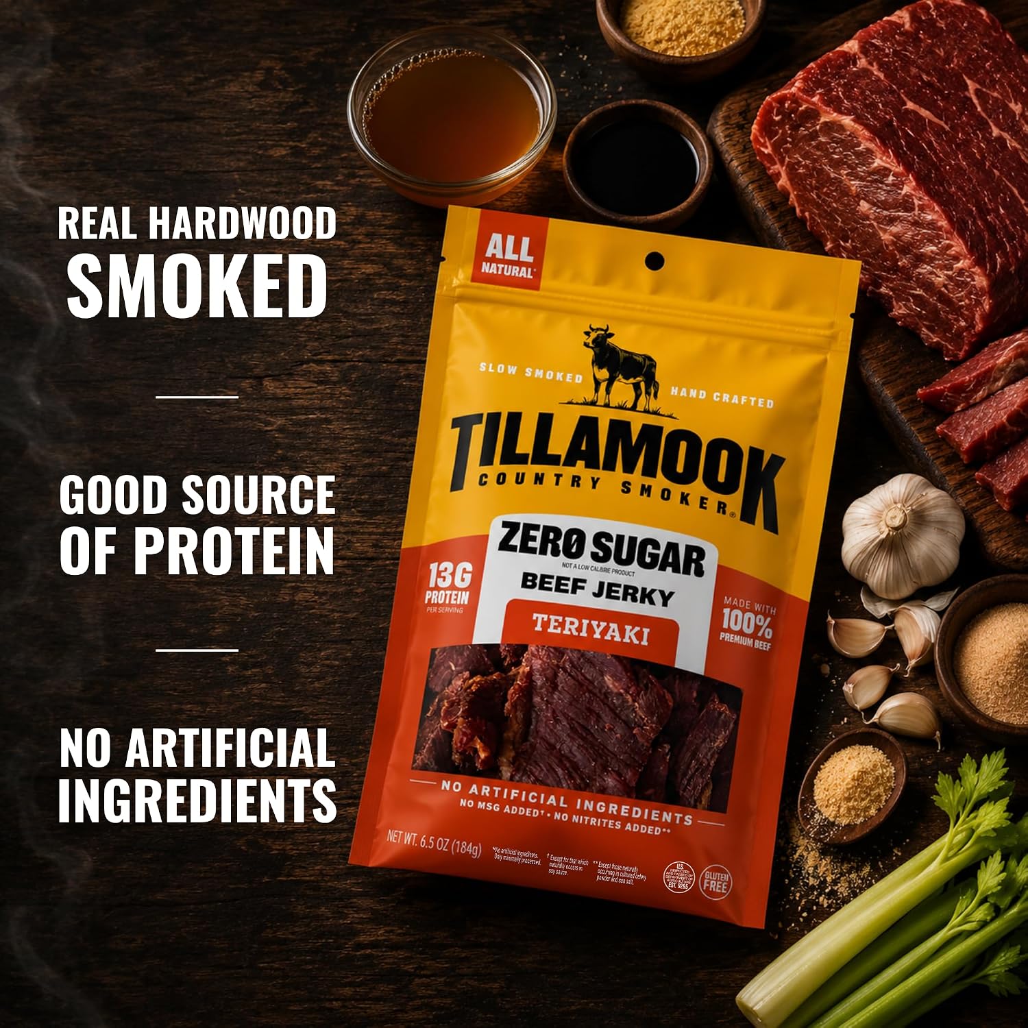 Tillamook Country Smoker Zero Sugar Original Beef Jerky Sticks, 6.5 Oz, 14g Protein, Real Hardwood Slow-Smoked, High Protein, Low Carb Meat Snacks, Keto-Friendly, 0g Sugar & Total Carbs