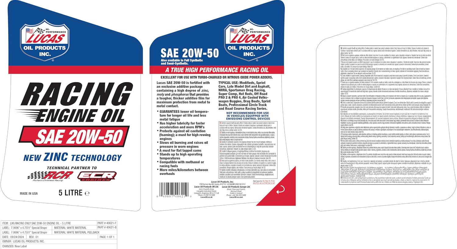 Lucas Oil SAE 20W-50 Racing Engine Oil, 5 Quart (Pack of 1)