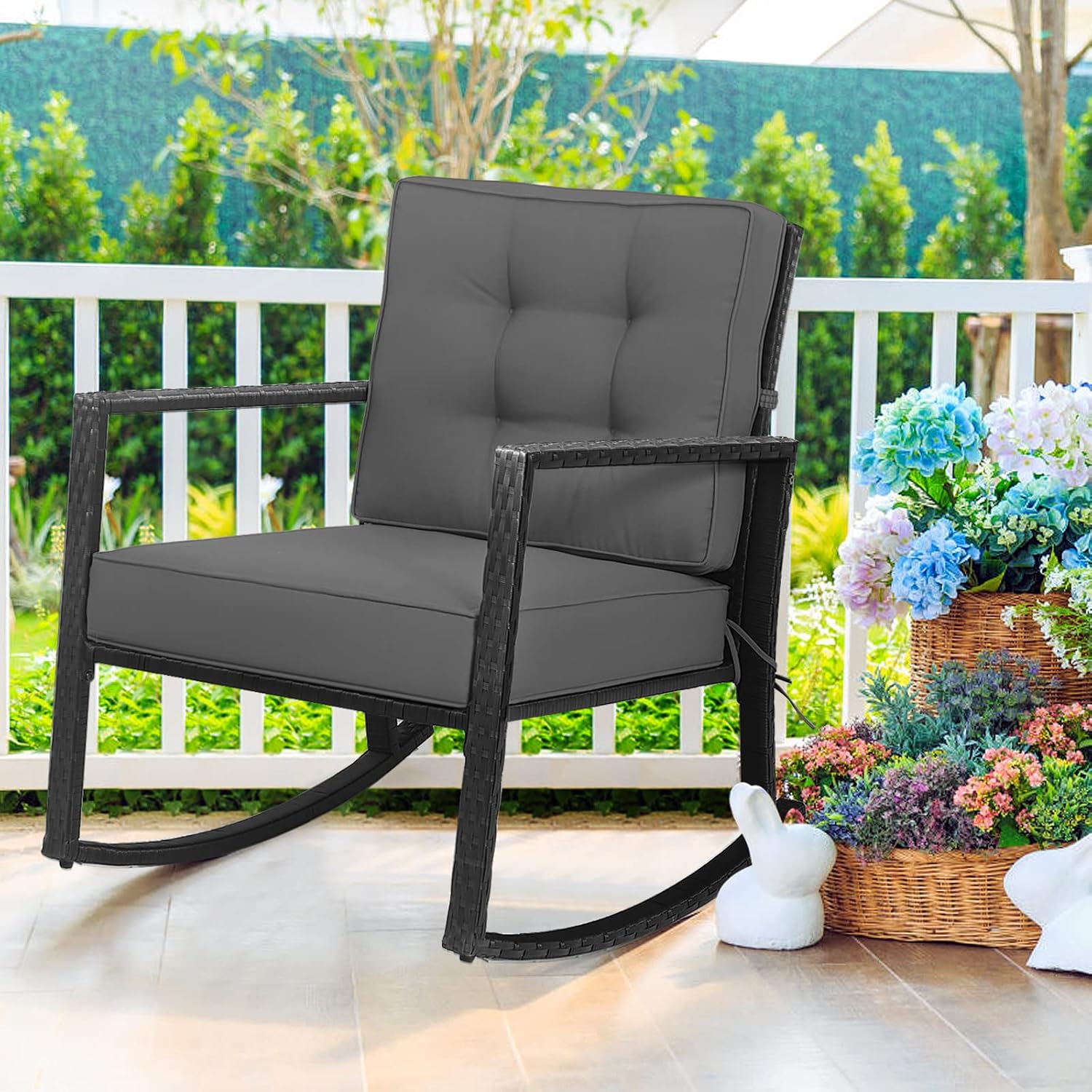 Tangkula Wicker Rocking Chair, Outdoor Glider Rattan Rocker Chair with Heavy-Duty Steel Frame