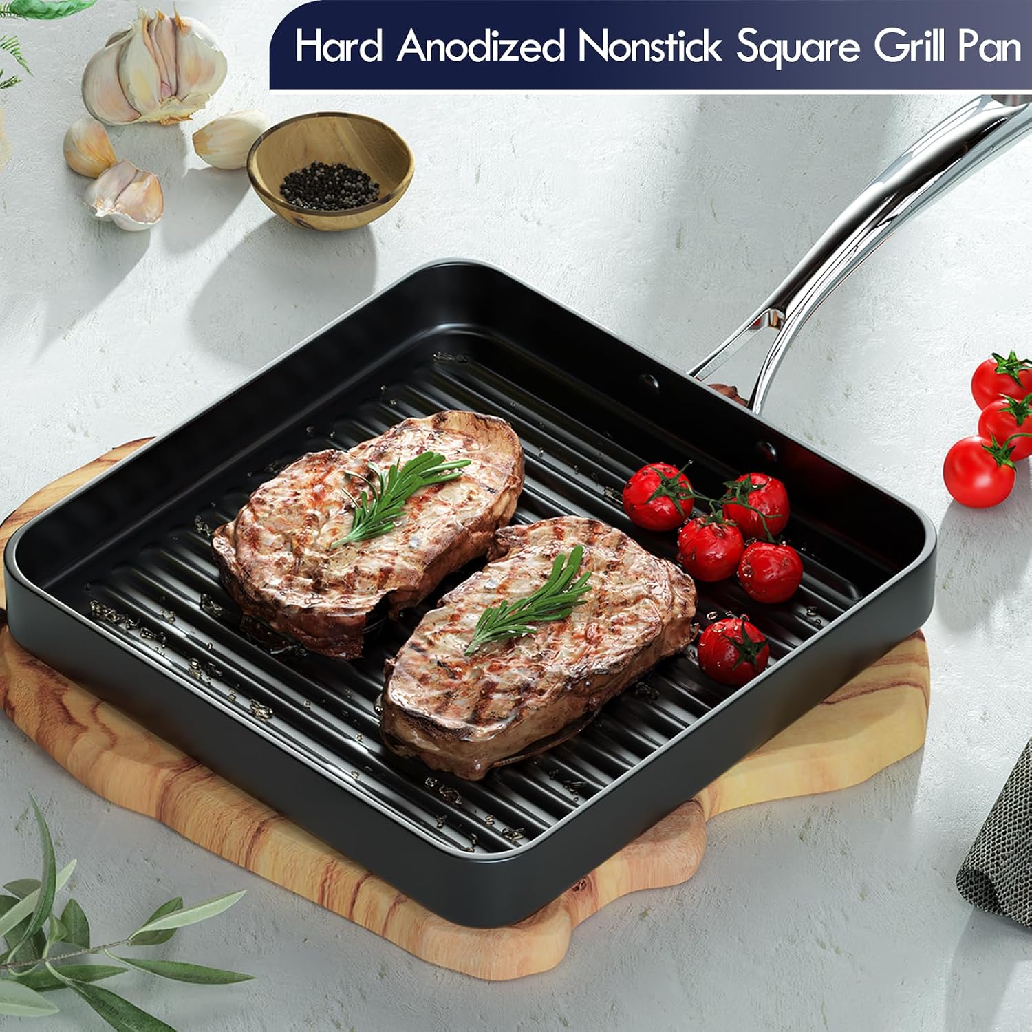 Cooks Standard 11-Inch Square Nonstick Grill Pan for Stovetop | Hard Anodized Grilling Pan for Indoor & Outdoor, Ribbed Surface, Stay-cool handle