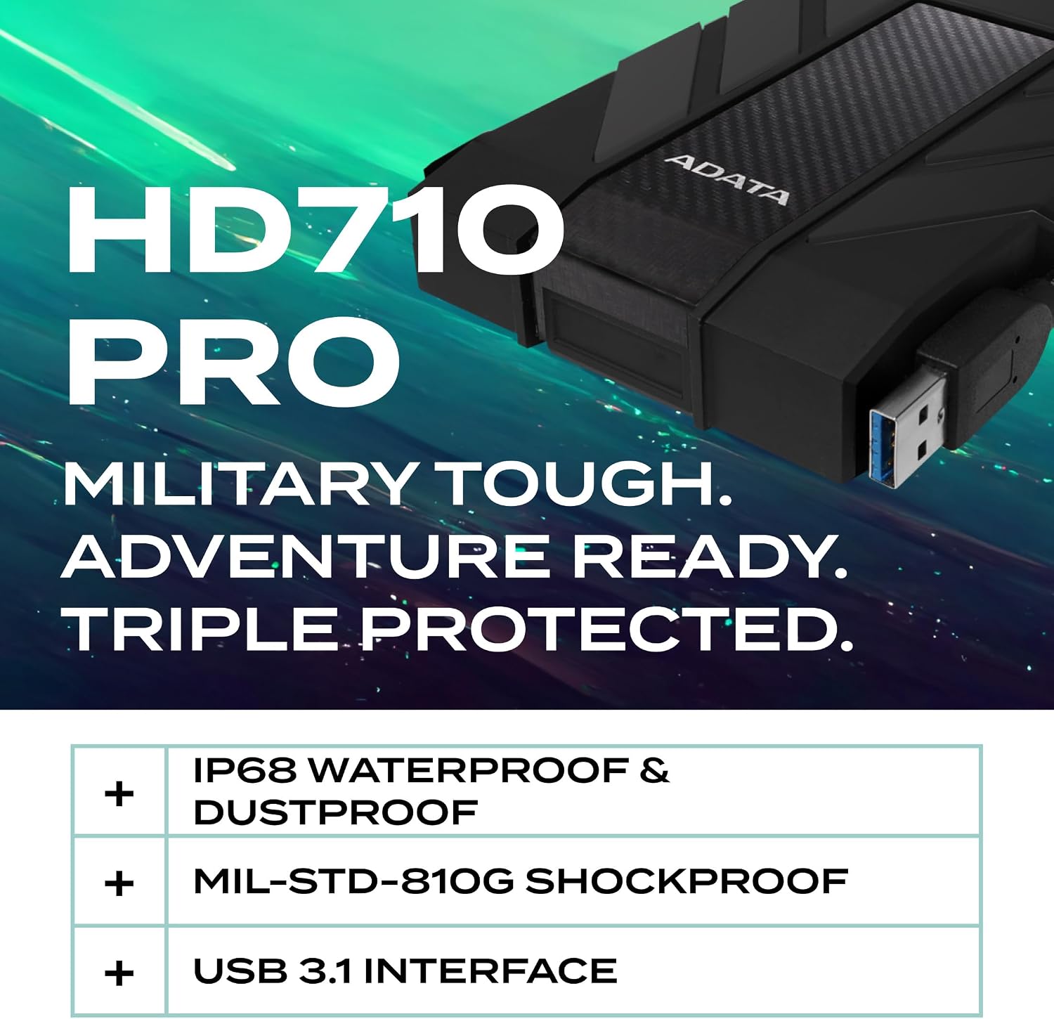 ADATA HD710 Pro - 4 TB External Hard Drive - Shockproof, Waterproof & Dustproof - Durable Storage - For Gamers, Students & Professionals - Mac, PC & Linux Compatible - Black - AHD710P-1TU31-CBK