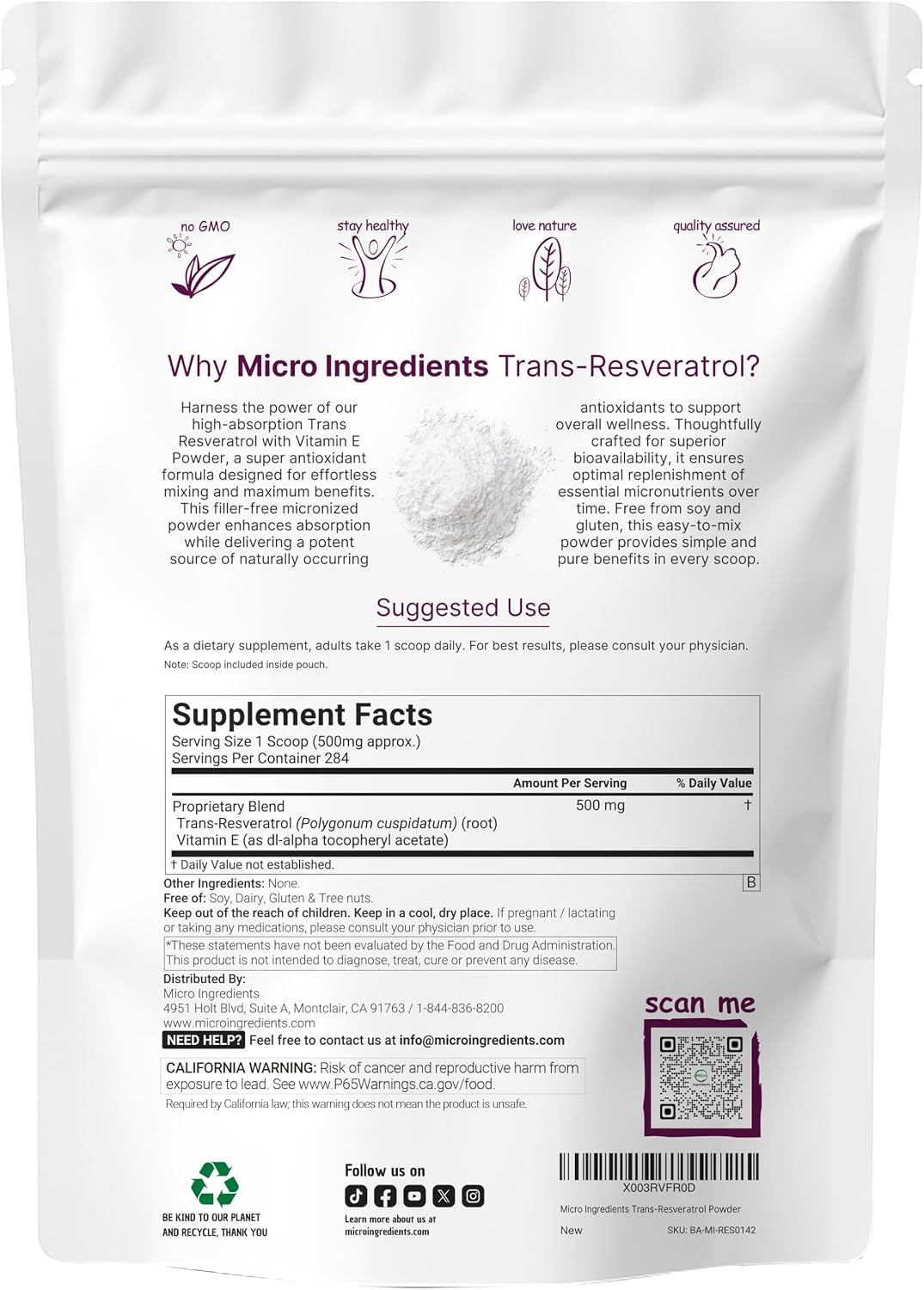 Pure Trans-Resveratrol Powder with Vitamin E, 5 Ounce, 2 in 1 Formula, Micronized Powder for Better Absorption, Premium Resveratrol Supplement