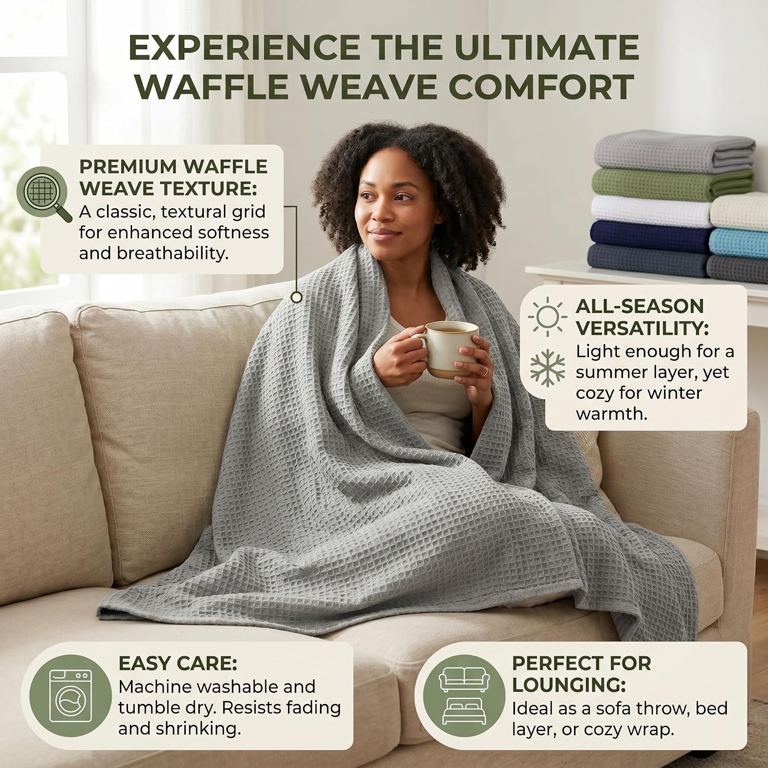 Tex Trend 100% Cotton Waffle Weave Blanket Queen Size - Soft, Breathable Cooling Blanket for Bed, Lightweight Cozy Summer & Spring Bedding, Grey, 90x90