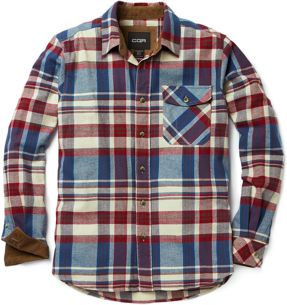 CQR Men's 100% All Cotton Button Down Flannel Shirts, Long Sleeve Brushed Warm Soft Casual Outdoor Plaid Shirt