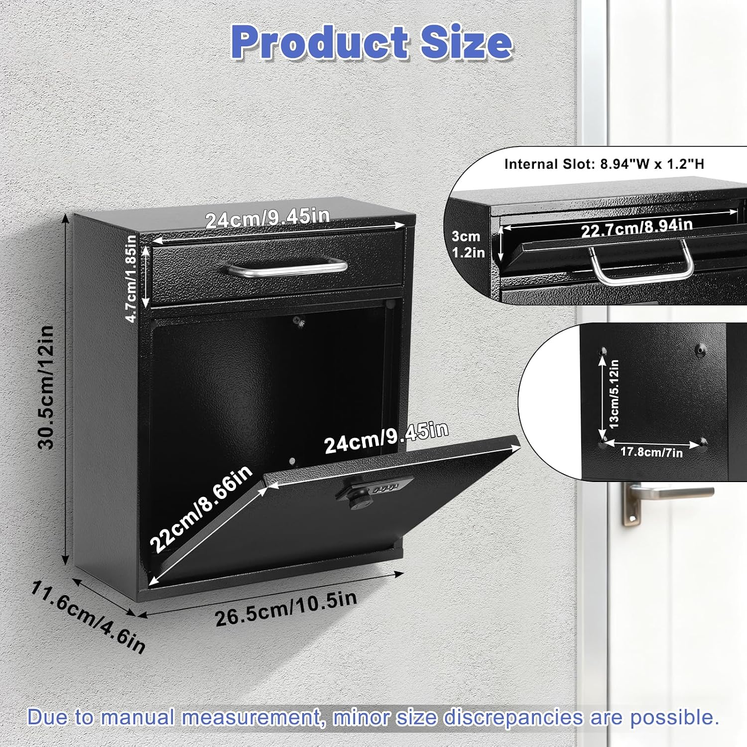 KYODOLED Steel Key Lock Mail Boxes Outdoor, Locking Wall Mount Mailbox, Security Lock Drop Box, Collection Boxes for Home, Office or Commercial,16.2H x 11.2L x 4.6W Inches, Black X Large