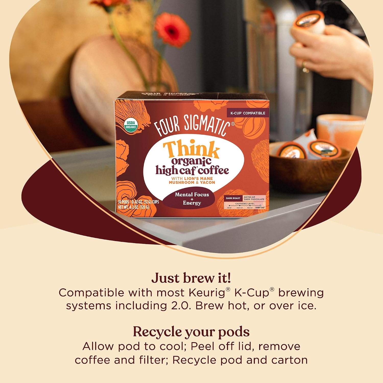 Four Sigmatic Mushroom Coffee K-Cups | Organic Dark Roast Coffee with Lion’s Mane Mushroom Powder & Yacon | Focus & Immune Support | Vegan & Keto