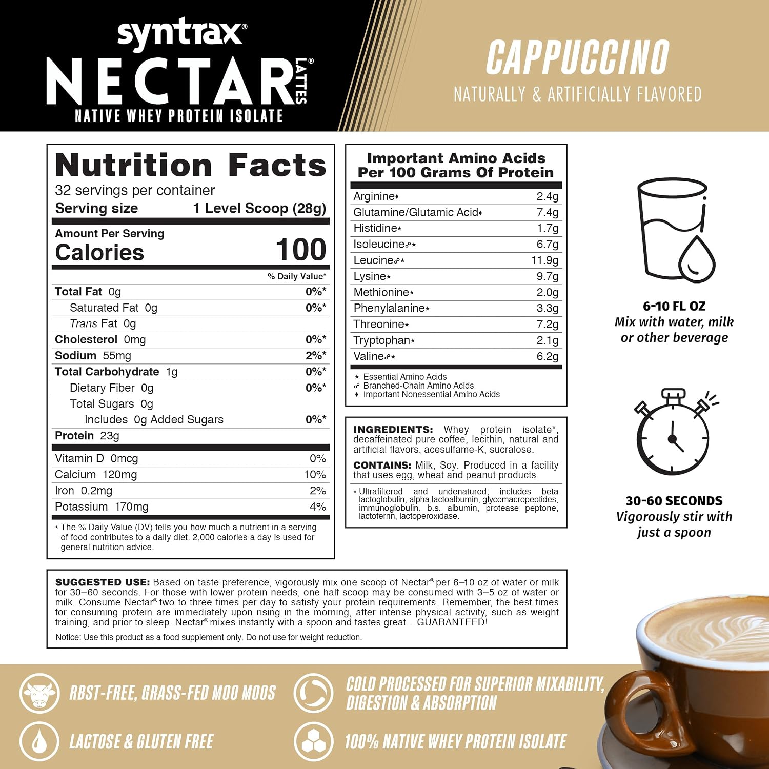 Syntrax Nectar Lattes 100% Whey Protein Isolate Powder, Cappuccino, 2 lb