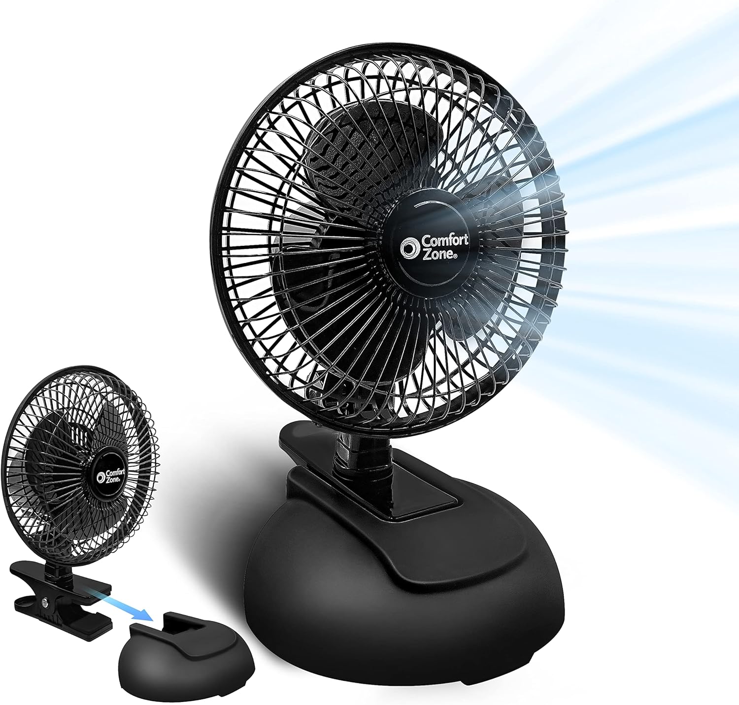Comfort Zone CZ6XMWT 6” 2-Speed Combo Clip or Desk Fan with Removable Base, Strong Clamp for Firm Grip, Suitable for Bedroom, Office, or Dorm Room, White