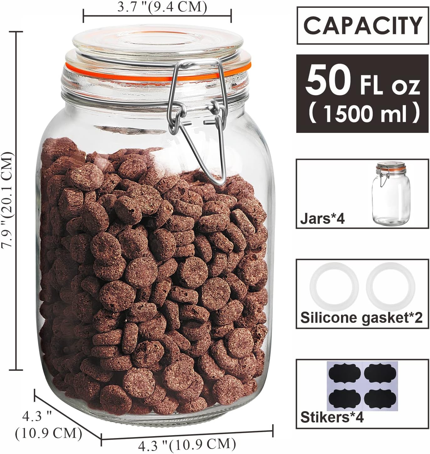 Qianfenie 1.1 Gallon Wide Mouth Airtight Glass Storage Containers with Lids