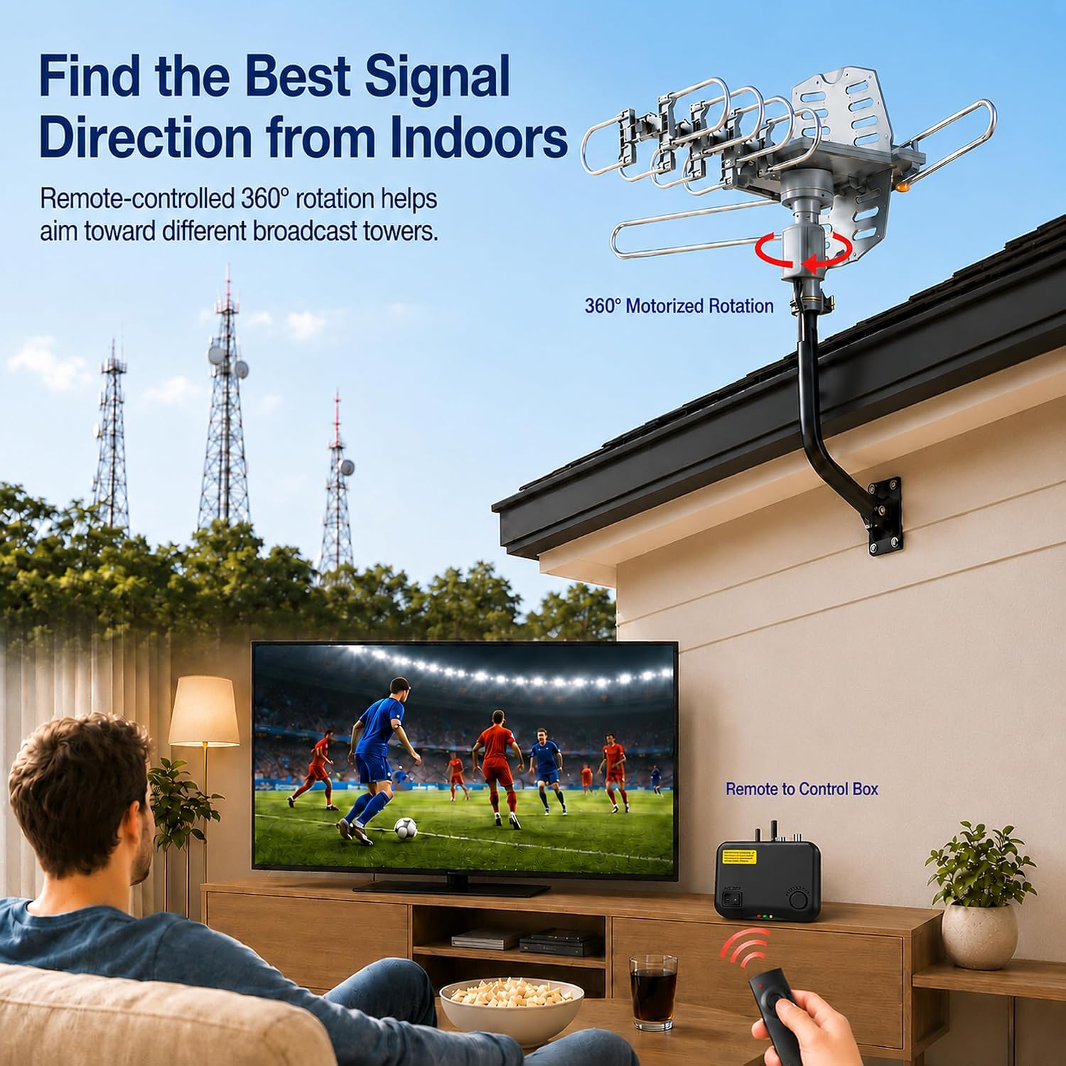 Amplified Outdoor TV Antenna with 360° Motorized Rotation, UHF/VHF Long-Range Reception, Remote Control, Mounting Pole & 40FT RG6 Cable