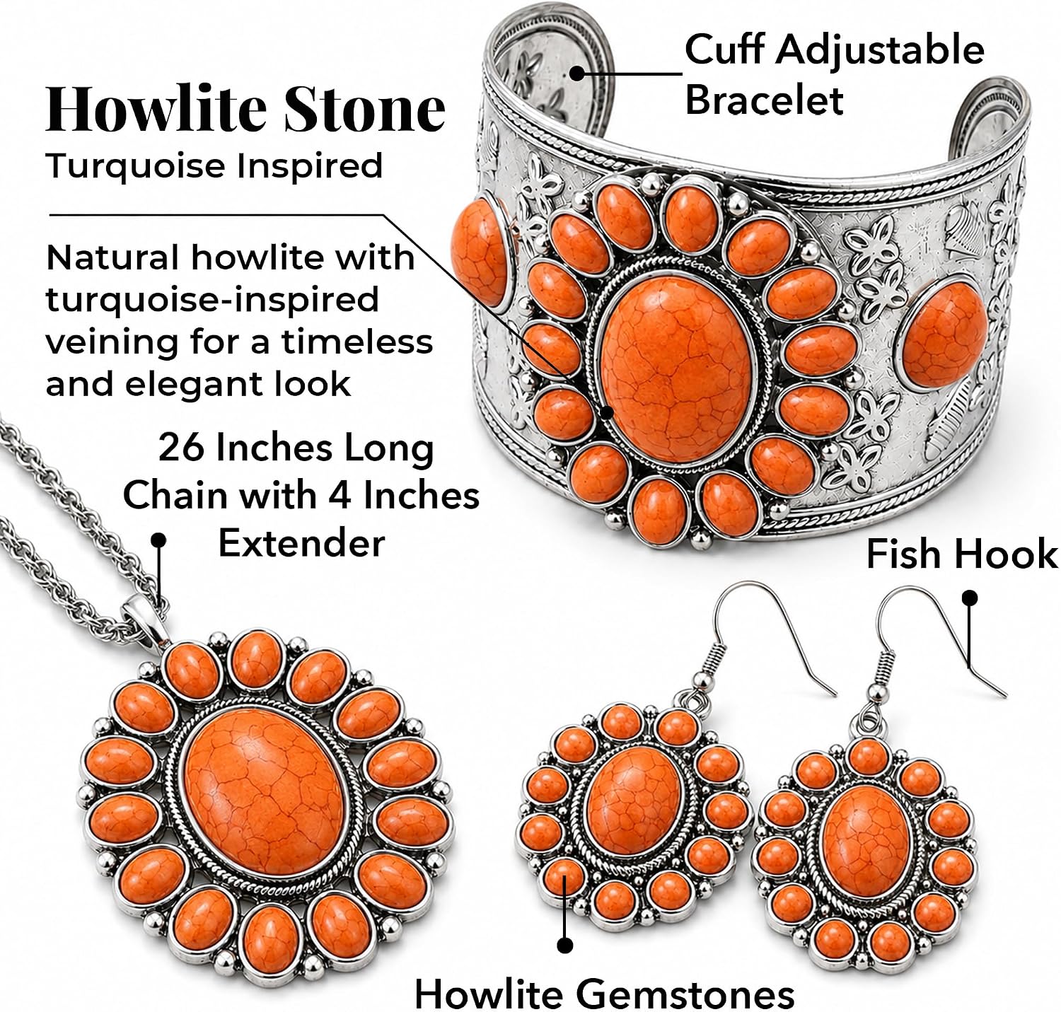 Shop LC Howlite Western Jewelry Set for Women Boho Cowgirl | 3-Piece Necklace Bracelet Earrings, Turquoise-Inspired, Chunky Statement, Southwestern