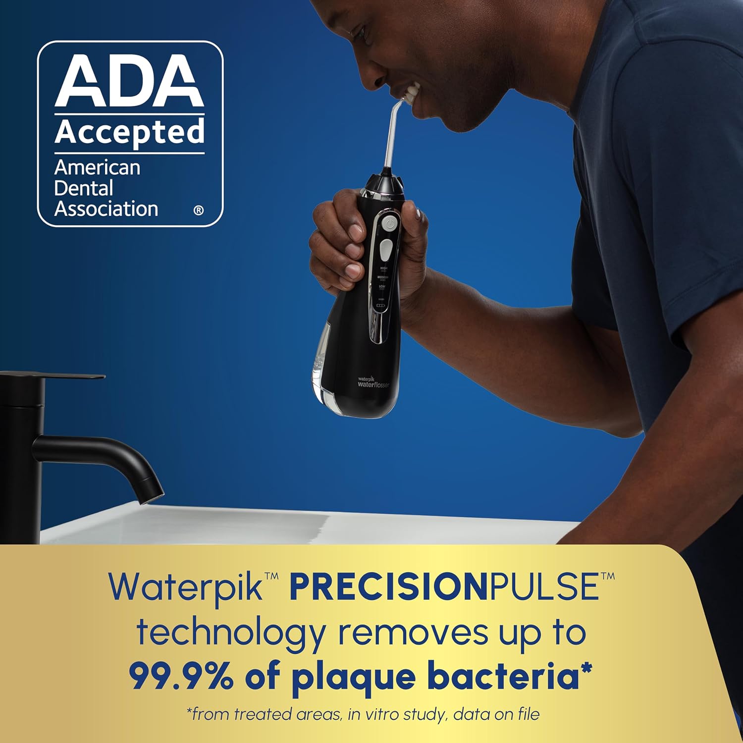 Waterpik Cordless Advanced Portable Water Flosser, Rechargeable, Black | 3 Settings, 4 Tips, Travel Bag, for Gums, Teeth, Dental Braces, Implants, Shower Use ADA Accepted WP-582 Packaging May Vary