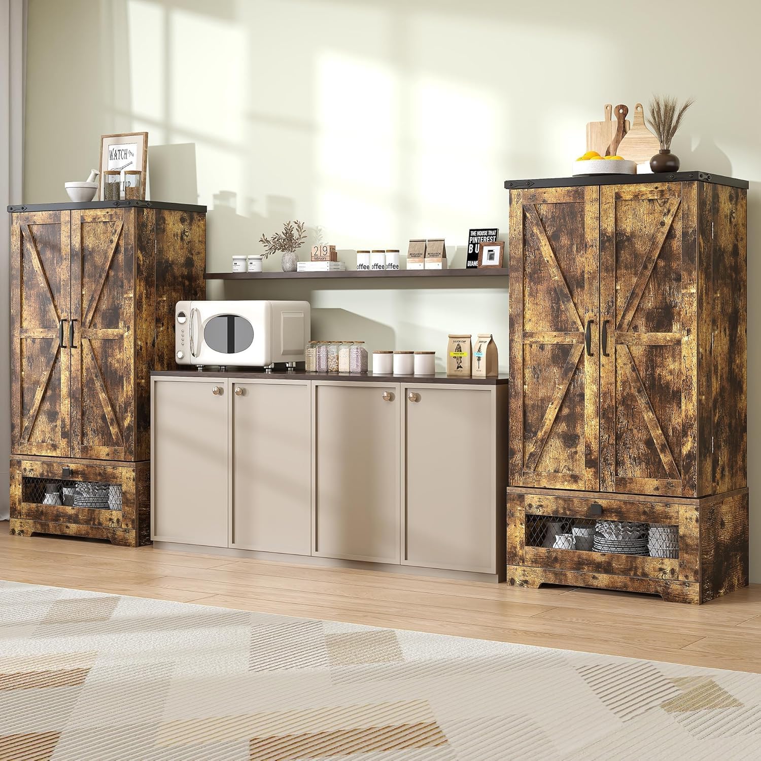 kepptory 47” Pantry Cabinet, Kitchen Pantry Storage Cabinet with Doors and Adjustable Shelves,Freestanding Buffet Cupboards Sideboard for Living Room and Dinning Room (White)