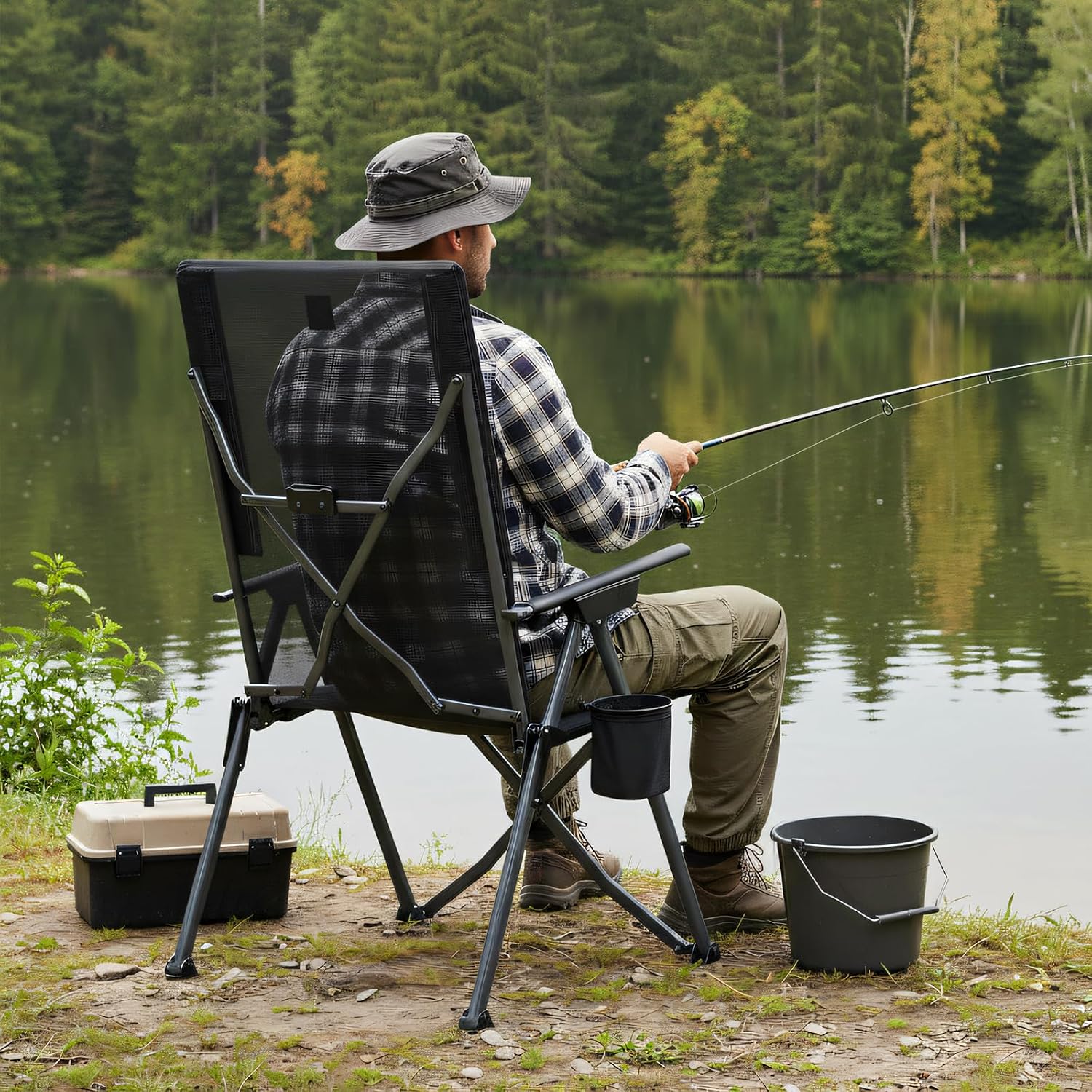 EVER ADVANCED Reclining Camping Chairs for Adult Supports 350lbs Mesh Black | Lightweight, Folding Recliner with Adjustable Back
