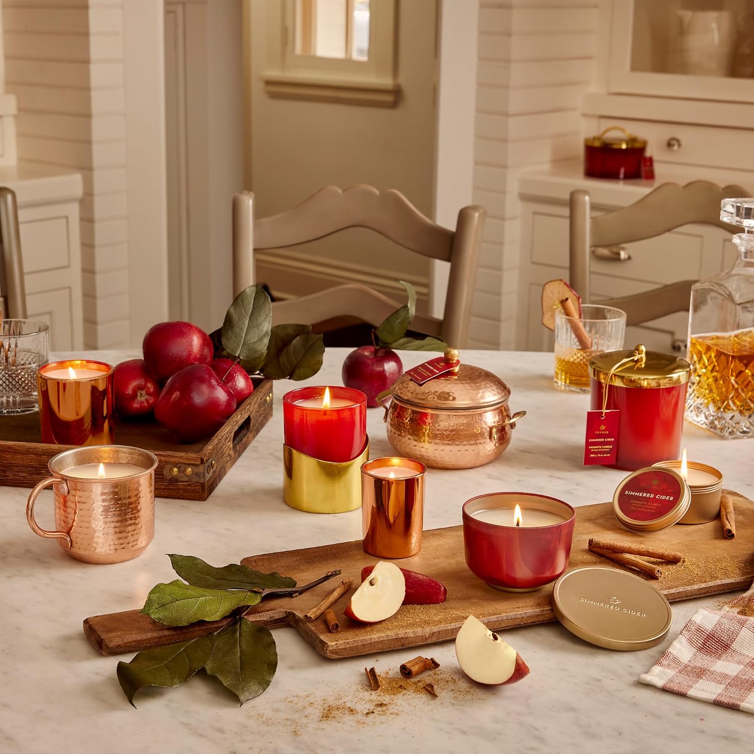 Thymes Simmered Cider Copper Candle - Warm & Spicy Apple Scented Candles for Home - Notes of Apple, Clove, and Cardamom - Luxury Gifts for Women - Fall Decor - 3 Wick (Copper Pot, 18 oz)