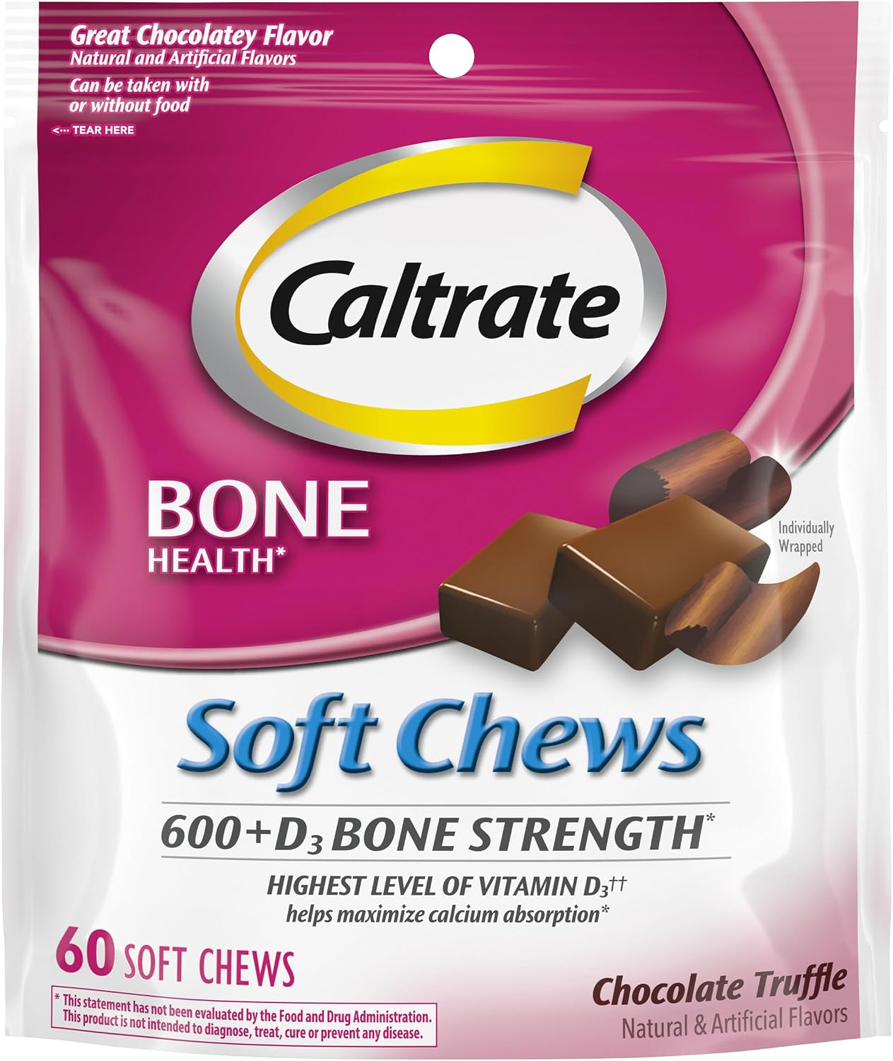 Caltrate Chewables 600 Plus D3 Vitamin D and Calcium Supplement, 60 Count | Chocolate Truffle, Highest Level of Vitamin D3