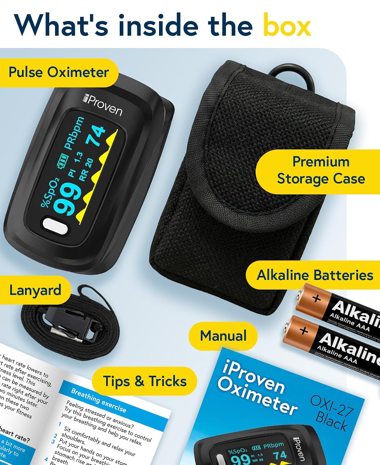 iProven Pulse Oximeter Fingertip for Oxygen Saturation & Respiratory Rate | Pulse Rate and Blood Oxygen Saturation Monitor, Finger Oximeter O2 Monitor