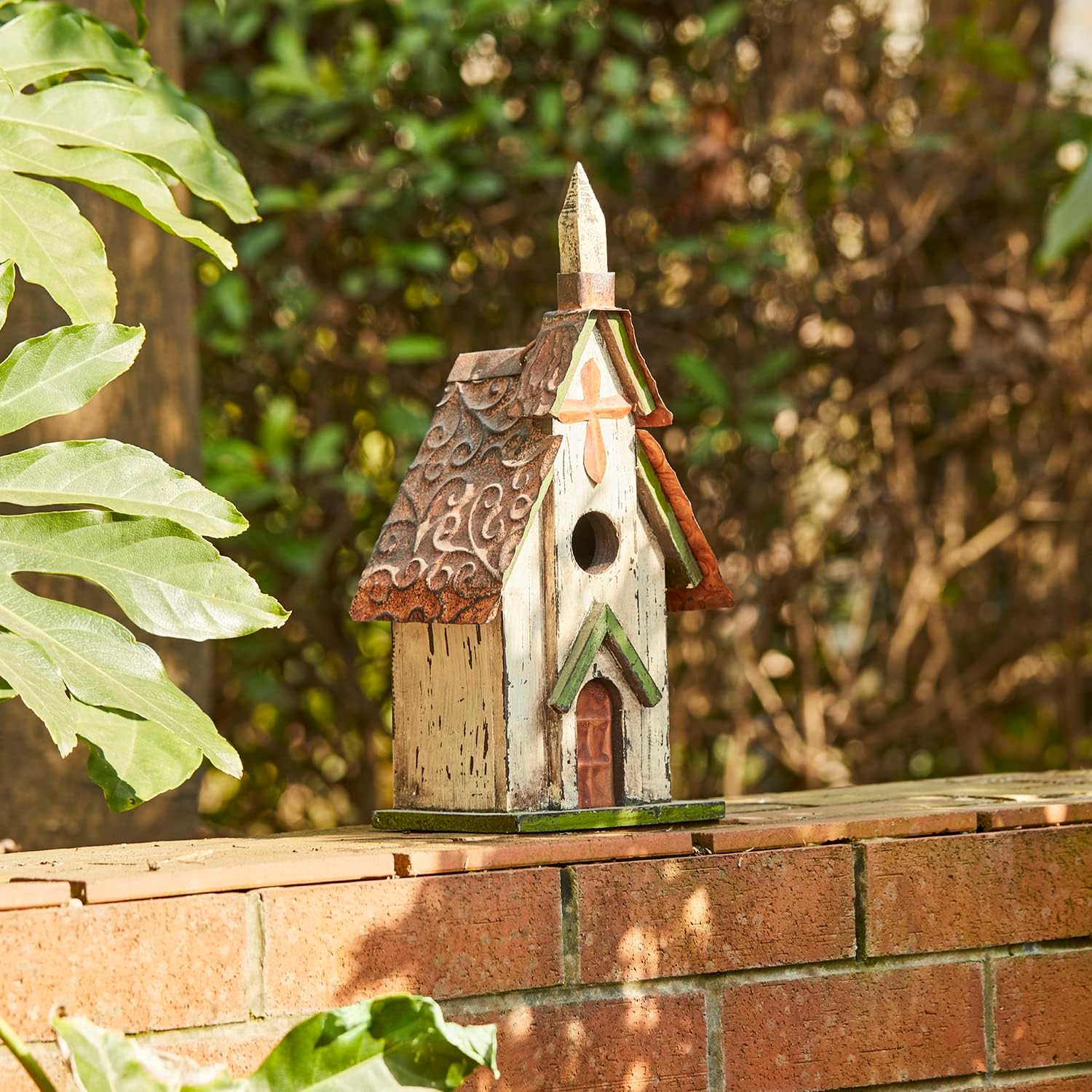 Glitzhome 14" H Hanging Distressed Wooden Church Birdhouse Garden Decor