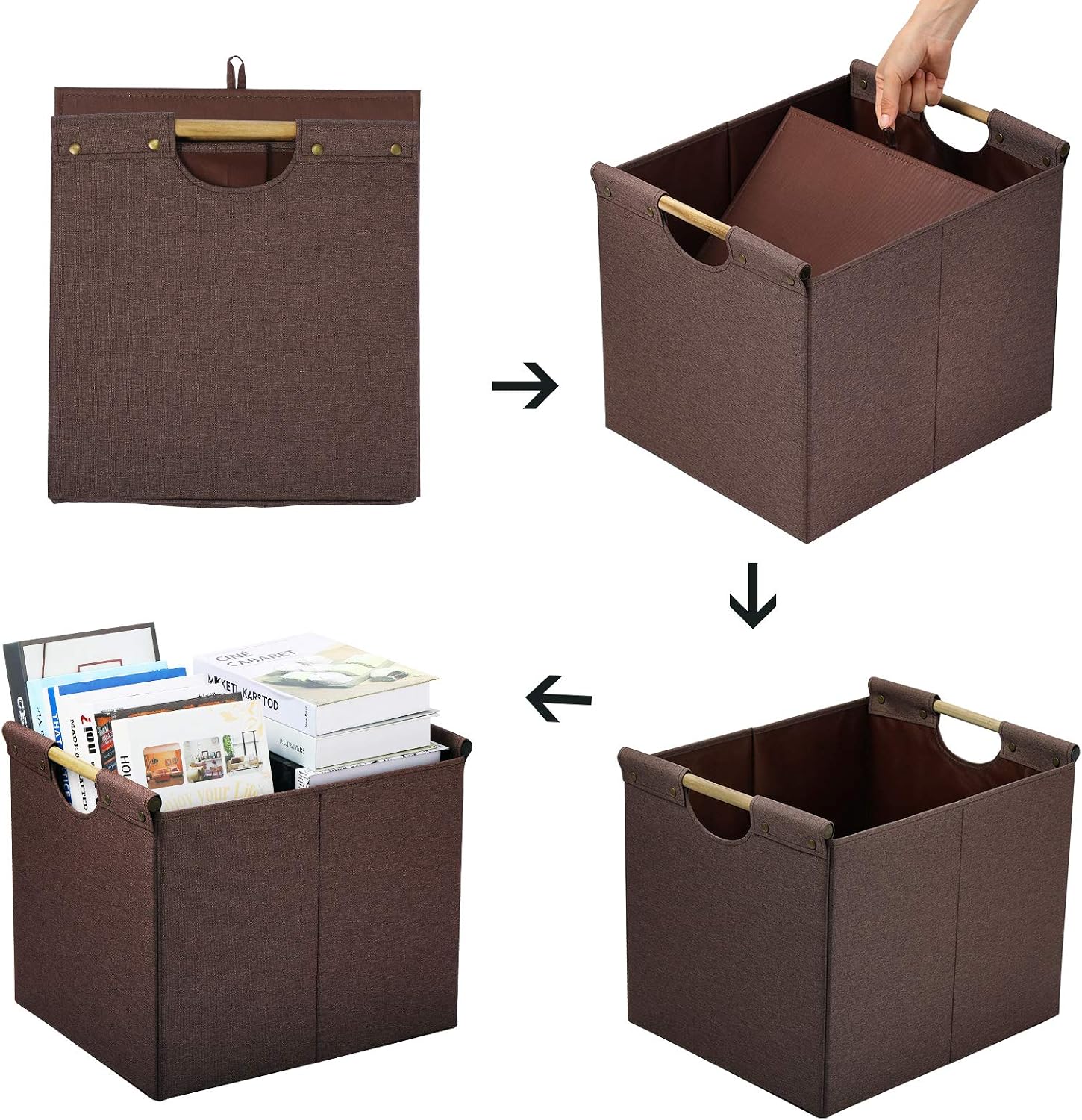 HOONEX Large Collapsible Storage Bins, Linen Fabric, 2 Pack, Storage Baskets with Wooden Carry Handles and Sturdy Heavy Cardboard, for Home, Office