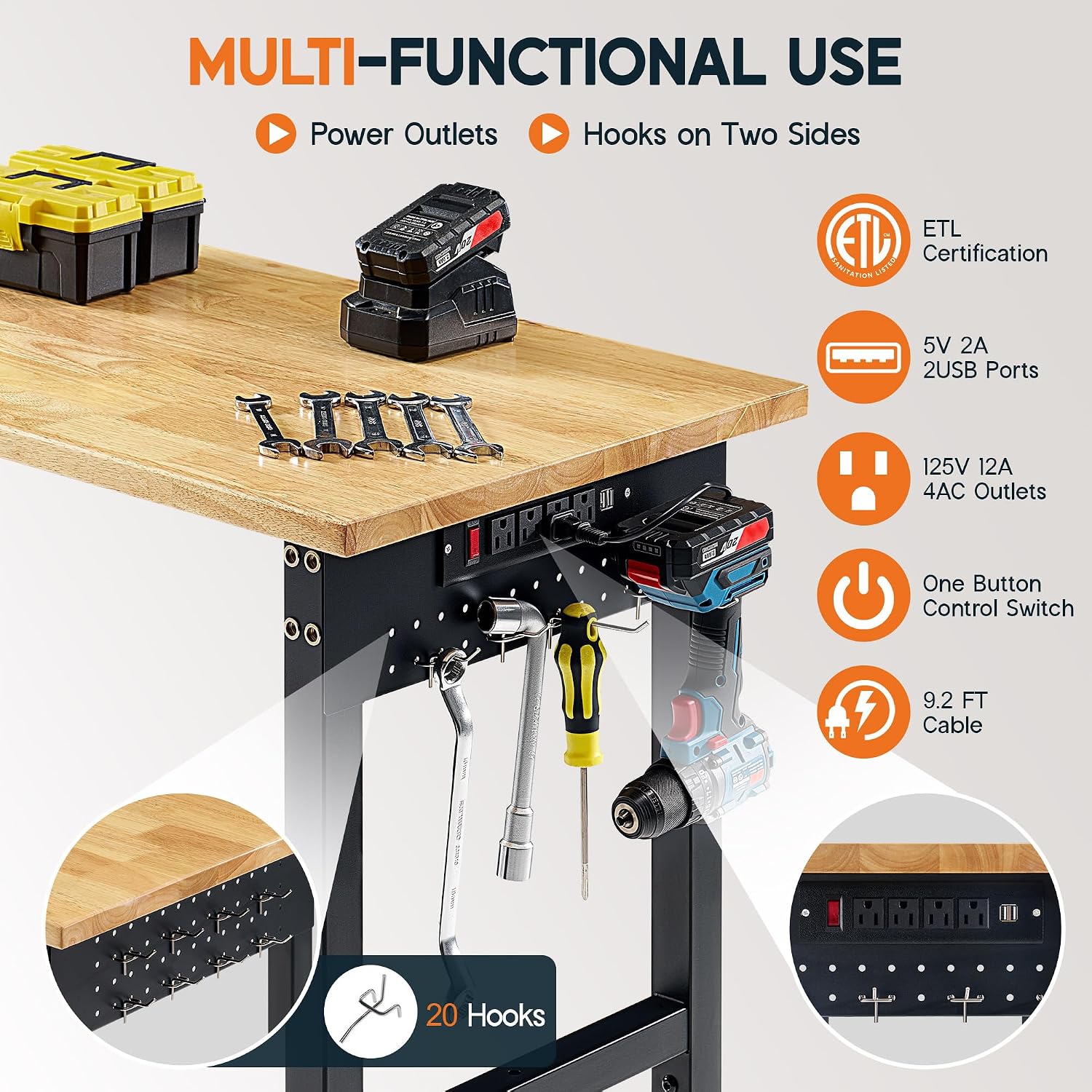 Albott 44 x 20-Inch Adjustable Workbench | 2000 Lbs Capacity, Solid Rubber Wood Top, Power Outlets and Hooks, for Garage, Workshop and Home Office, Black