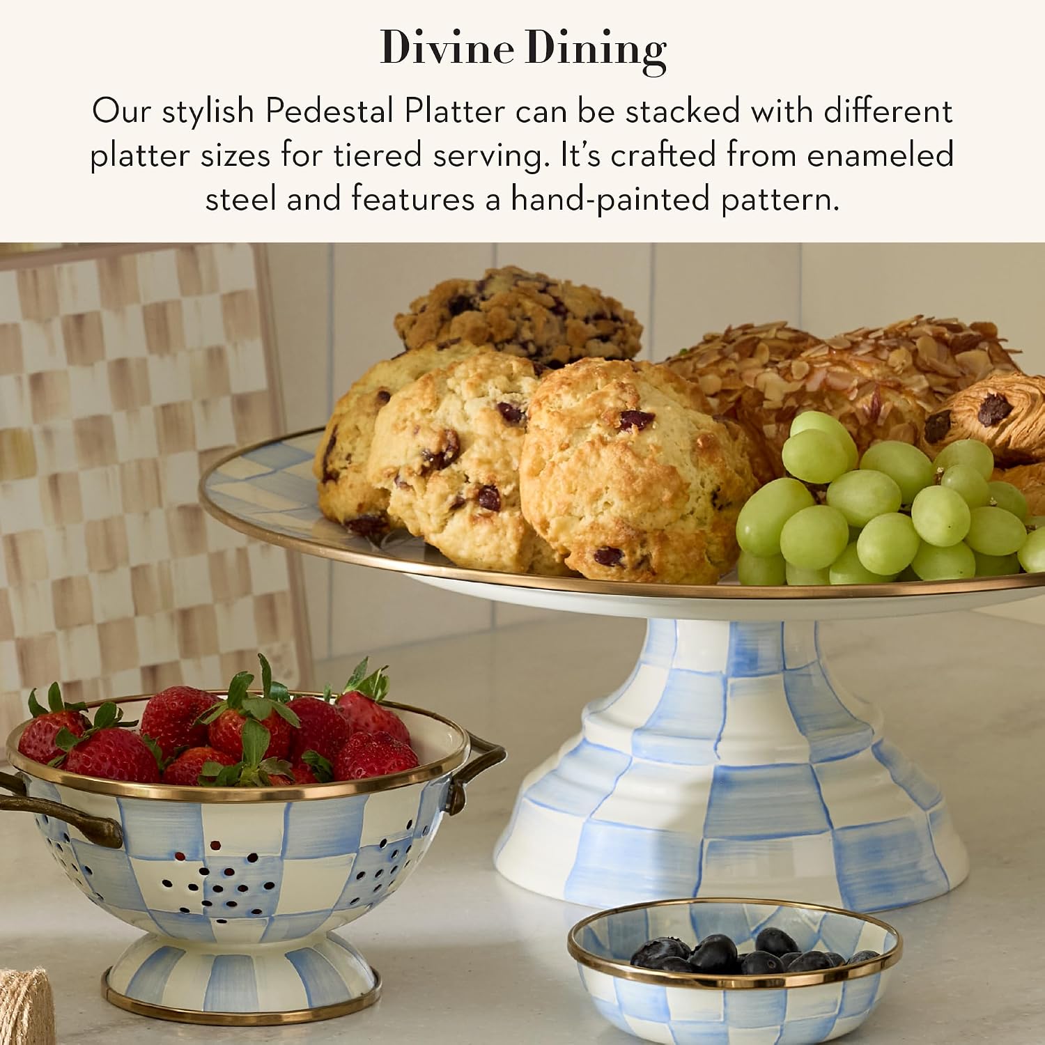 MACKENZIE-CHILDS Pedestal Platter, Mini, Black-and-White Courtly Check | Hand-painted design, made from enameled steel, stackable round cake stand for serving desserts, 8" dia. x 3" H