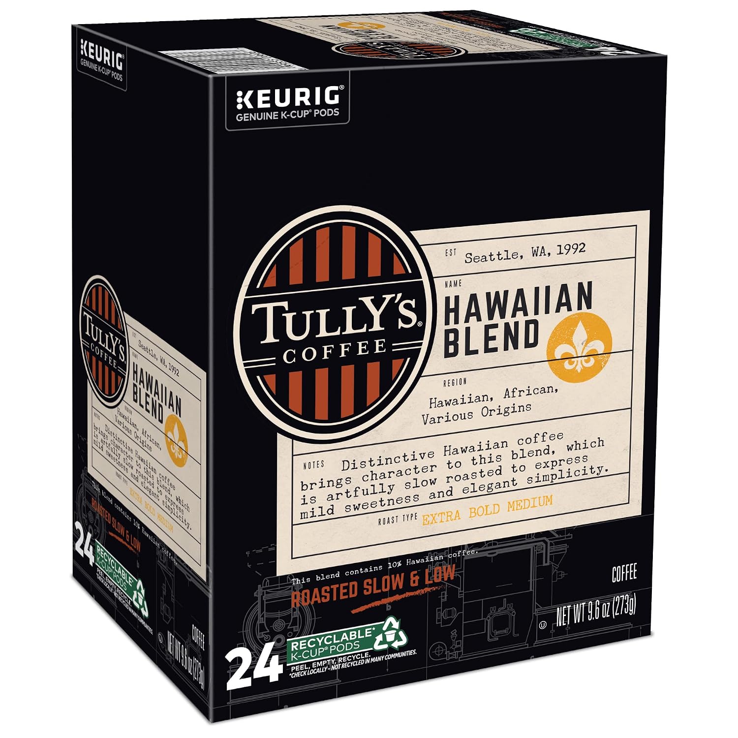 Tully's Coffee Hawaiian Blend Keurig Single-Serve K-Cup Pods, Medium Roast Coffee, 96 Count