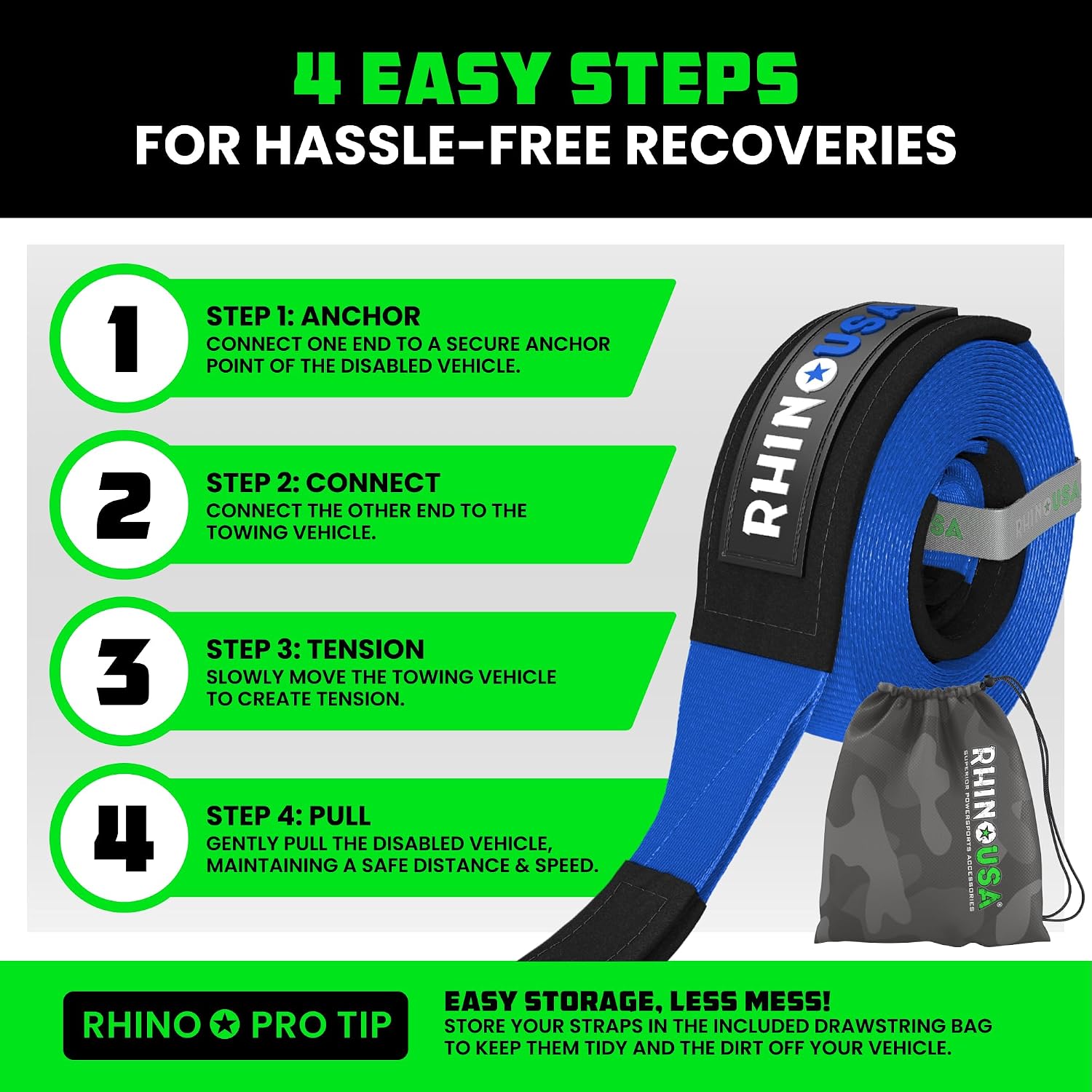 Rhino USA Recovery Tow Strap (3in x 30ft) - 31,518lb Heavy Duty Towing | 31,518lb Break Strength Emergency Tow Strap, Extended 30ft Length. For Truck, UTV, ATV & Jeep Offroad Recovery. Black