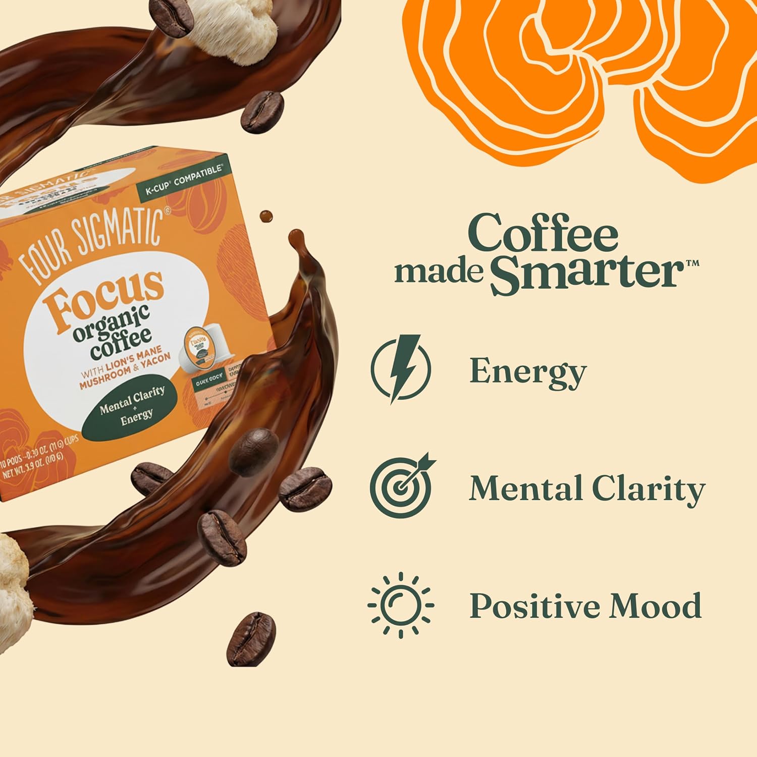 Four Sigmatic Mushroom Coffee K-Cups | Organic Dark Roast Coffee with Lion’s Mane Mushroom Powder & Yacon | Focus & Immune Support | Vegan & Keto
