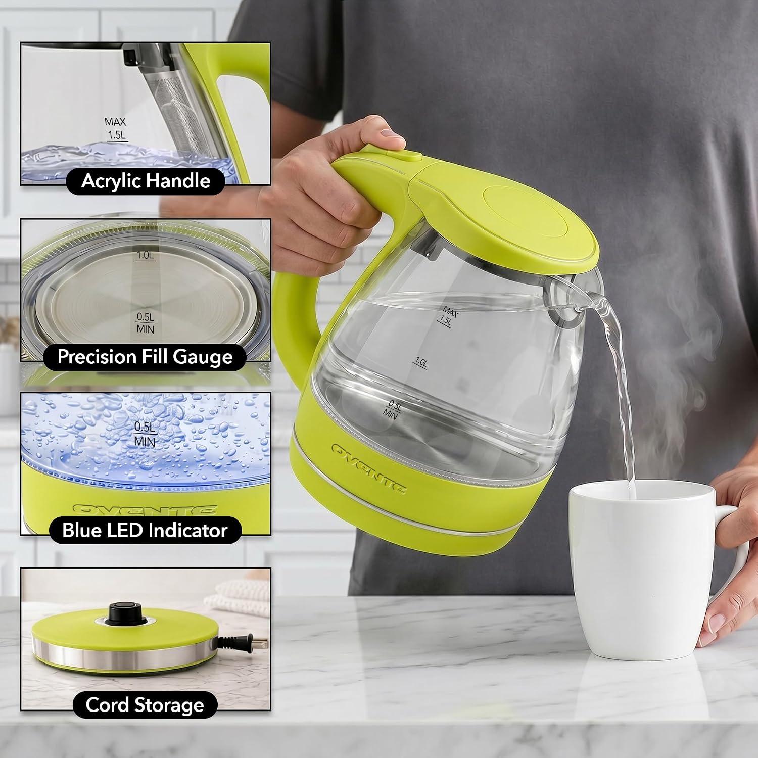 OVENTE 1.5L Glass Electric Kettle Water Boiler, Black KG83B | 1100W Fast Boiling, Borosilicate Glass, BPA-Free, Blue LED, Auto Shut-Off, Boil-Dry Protection, Removable Filter, 360° Base