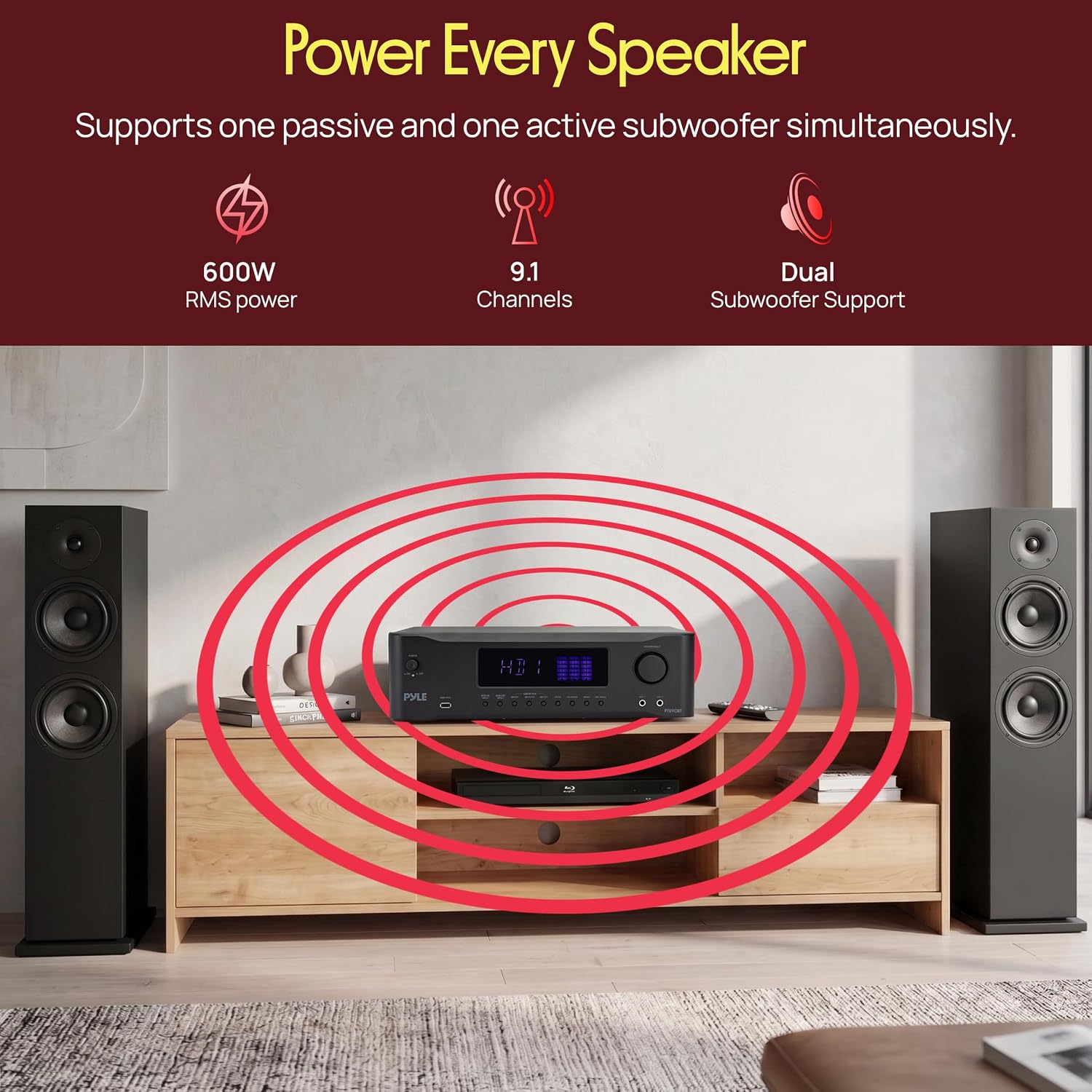 Pyle 9.1 Channel AV Receiver | Audio Amplifier with Subwoofer Output, HDMI 2.1, Bluetooth Streaming | Surround Sound System for TV