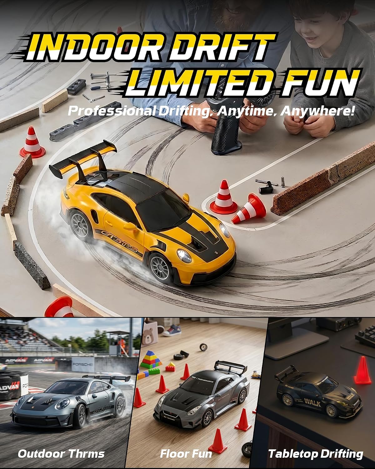 ARRIS 1/43 911 RC Drift Car 4WD with Gyro Full Proportional RTR | Alloy Body, 20KM/H Speed, Extra Drift Tires, Silent Bearings, LED Lighting