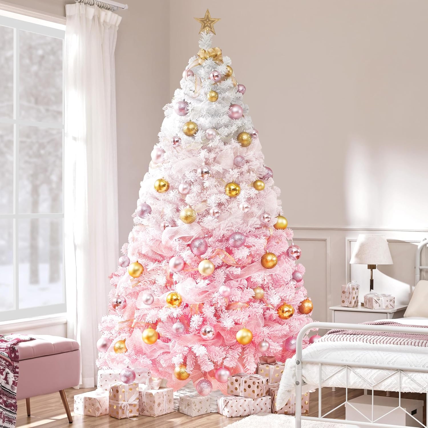 Yaheetech 7.5ft Pre-Lit Snow Flocked Artificial Christmas Tree, 550 Lights