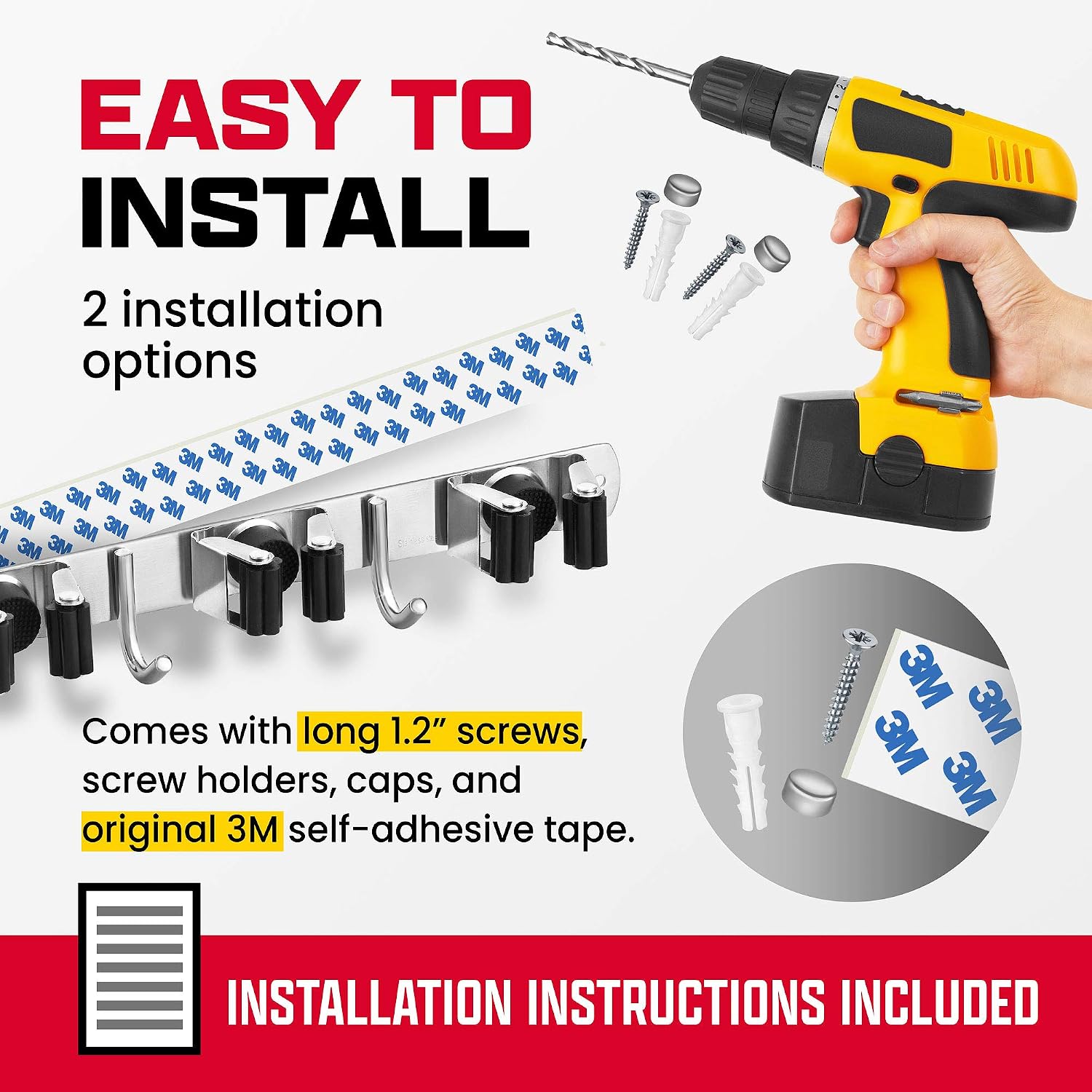 Wall Mount Hanger for Brooms & Mops - Adhesive Stainless Steel Mops & Broom Holder, 4 Clamps, 3 Hooks