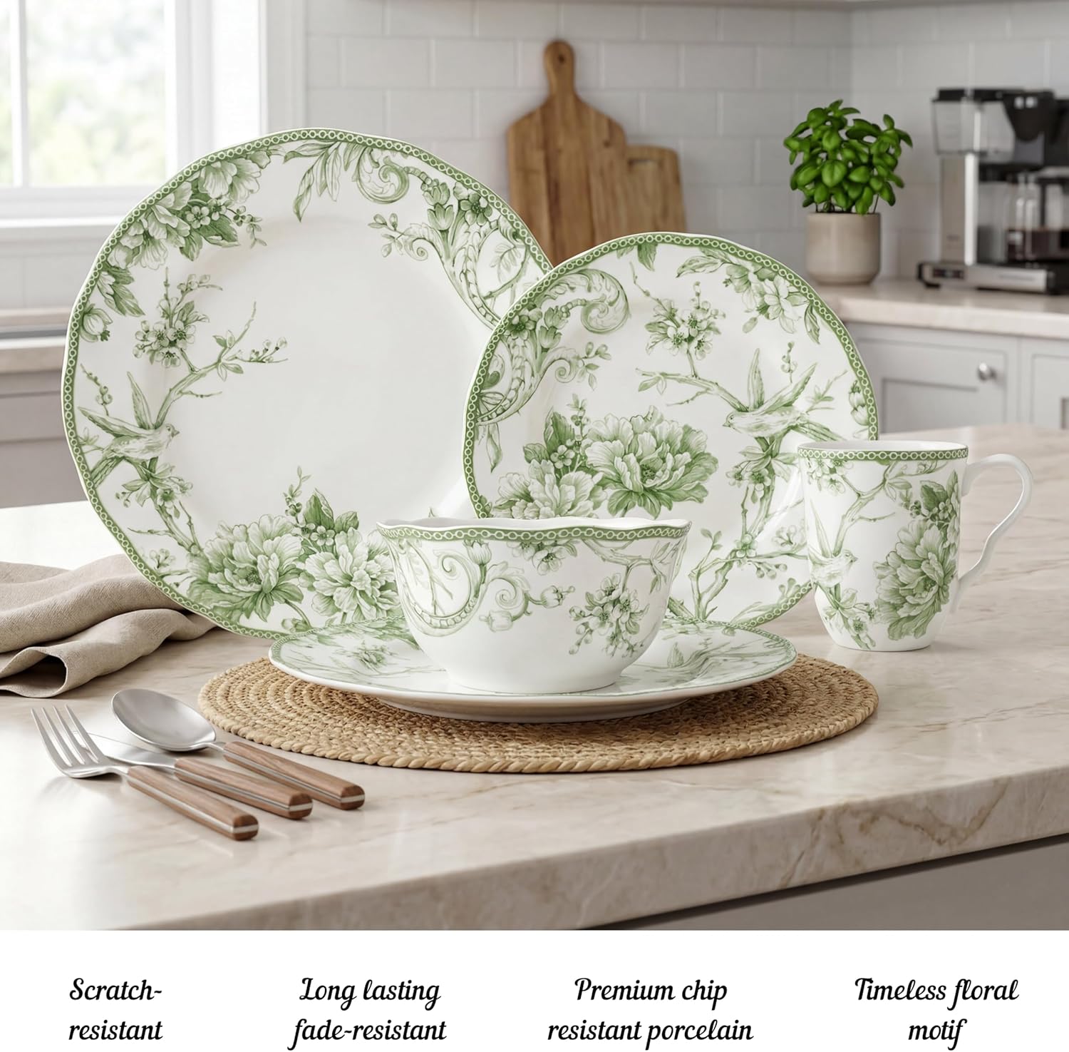222 Fifth Adelaide 16-Piece Black Porcelain Dinnerware Set – Service for 4, Featuring Hand-Applied Romantic Woodland Bird Design
