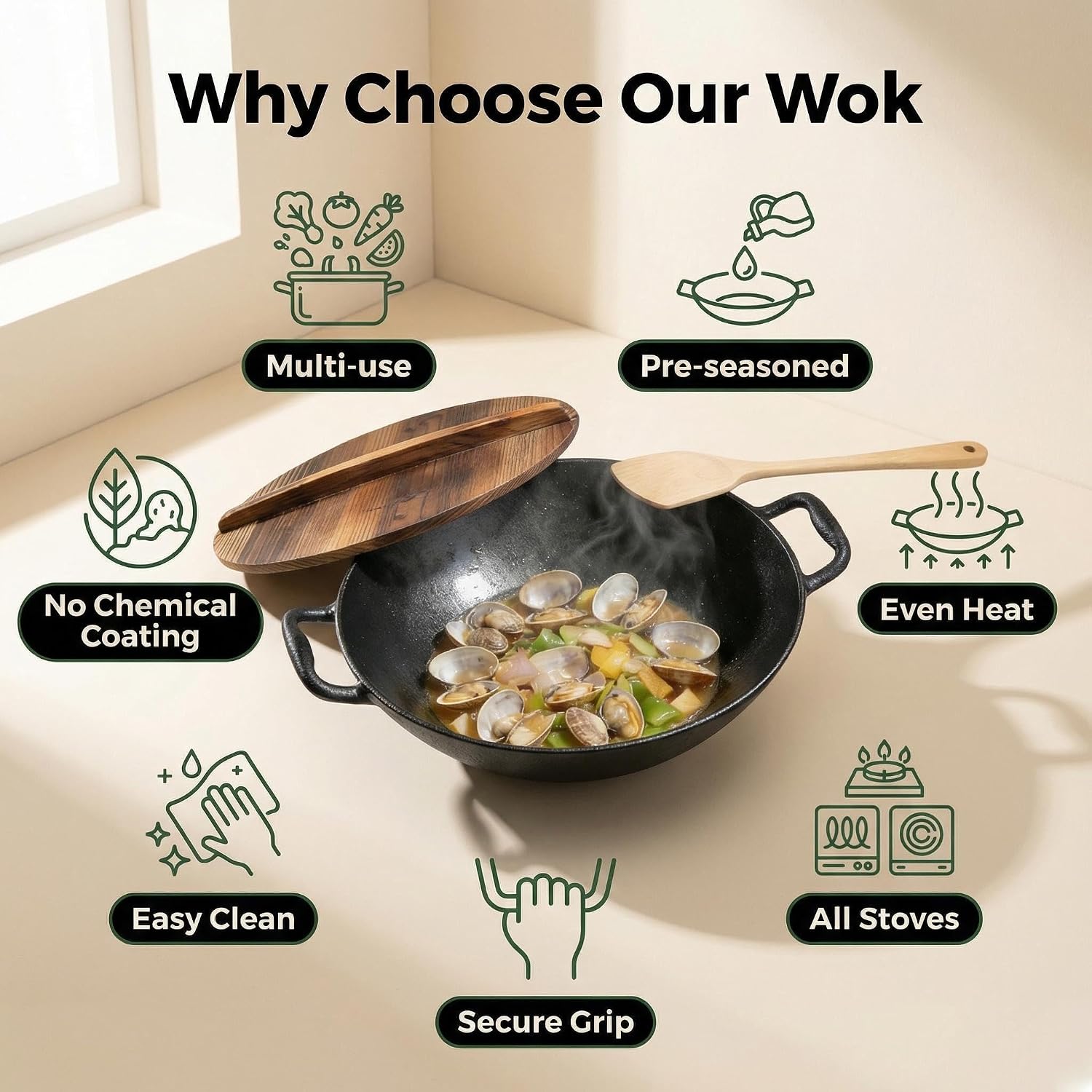 Flat Bottom Cast Iron Wok with Lid 14 Inch,Pre-Seasoned Non Toxic Cast Iron Kadai,Chinese Japanese Wok double handle for Induction and Open Fire