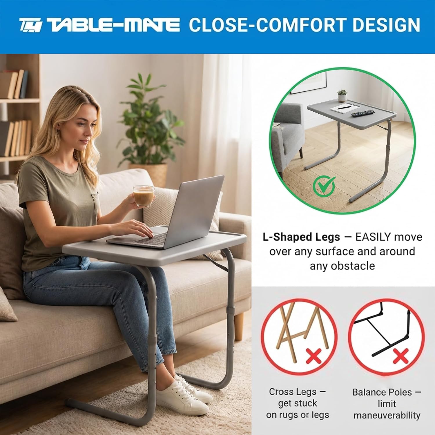 Table-Mate TV Tray Table | Portable Desk Folding Dinner Tray, Couch Table Trays for Eating Snack Food, Portable Laptop Desk, Bed Trays for Eating | Adjustable TV Trays with 3 Angles and Cup Holder
