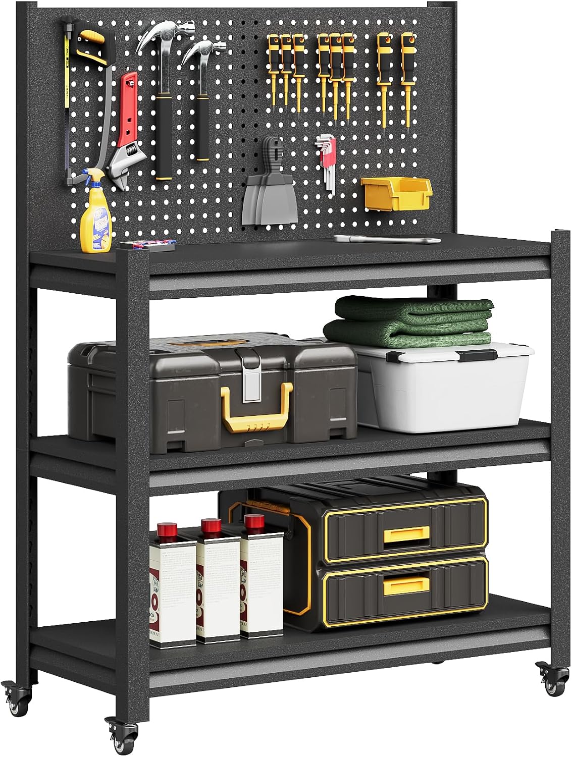 Workbench on Wheels, Adjustable Heavy Duty Work Table with Wheels, Heavy Duty Workstation, Metal Tool Work Bench for Garage Warehouse Workshop, 32" H x 18" D x 34" W