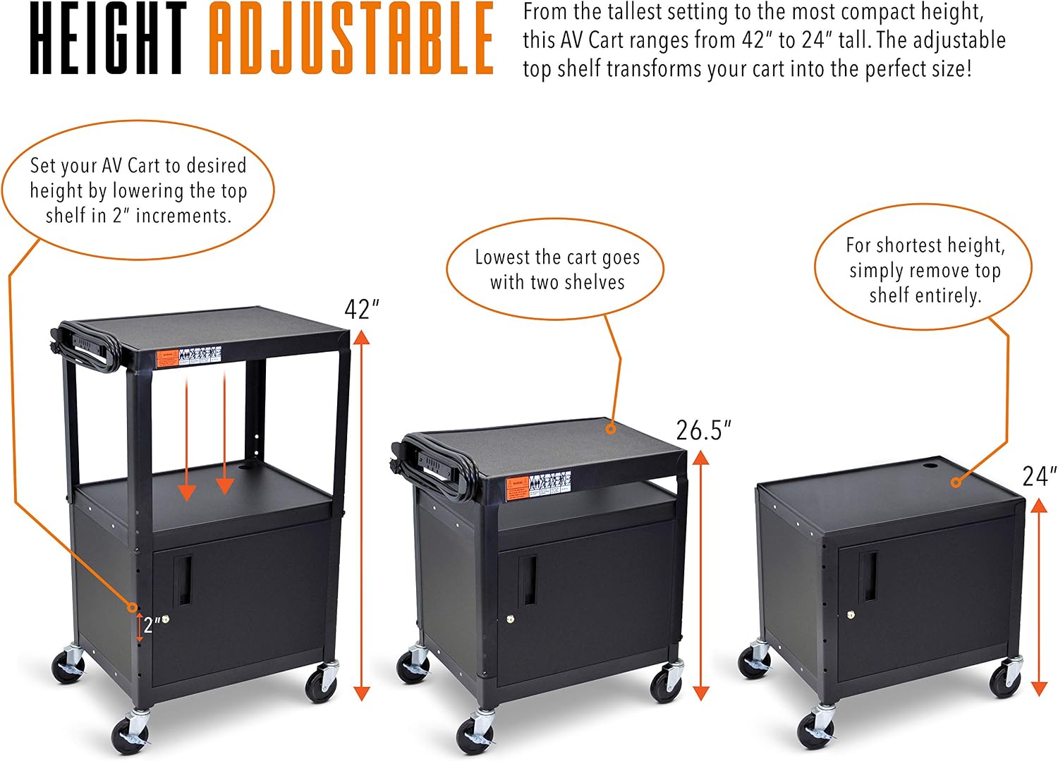 Line Leader AV Cart w/Locking Cabinet, Black Metal Utility Cart with Storage Shelf - Height Adjustable, Mobile and Great for Offices, Classrooms, Libraries (Black, 24in x 18in)