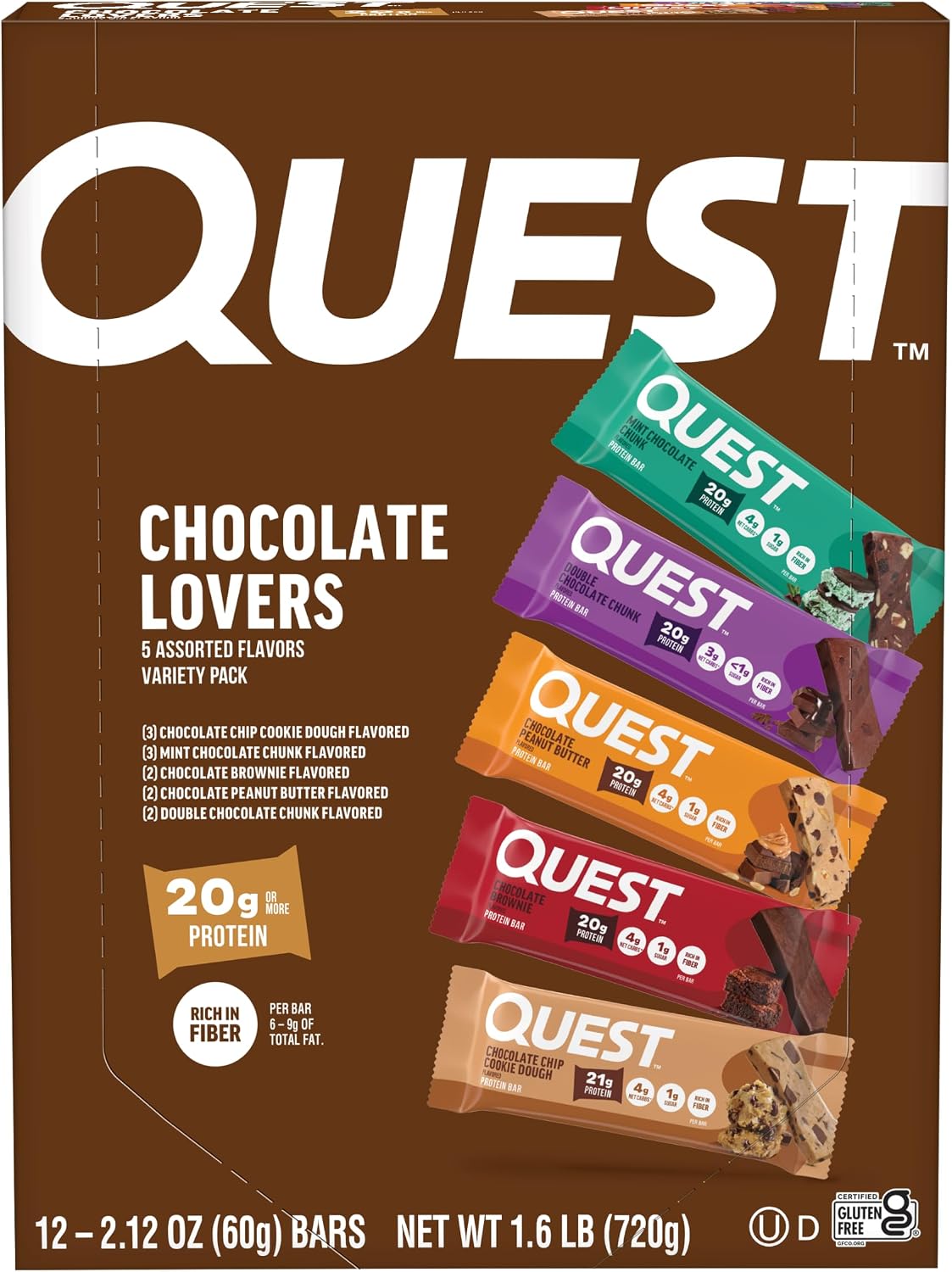 Quest Nutrition Oatmeal Chocolate Chip Protein Bars, 20g Protein, 12 Count | 12g Fiber, 5g Net Carbs, 1g Sugar, Gluten Free, High Quality Protein, Soft and Chewy, Individually Wrapped 2.12oz Bars