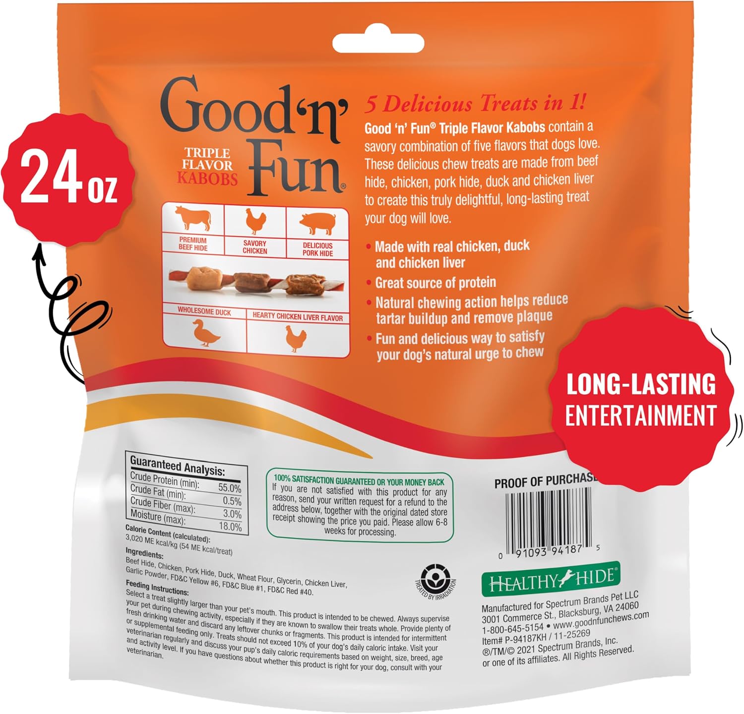 Good 'n' Fun Kabobs Long-Lasting Dog Treat Made With Real Protein, 18 Count | Premium Chicken, Pork and Beef Hide Chew, Supports Dental Health and Mental Stimulation, For Adult Dogs