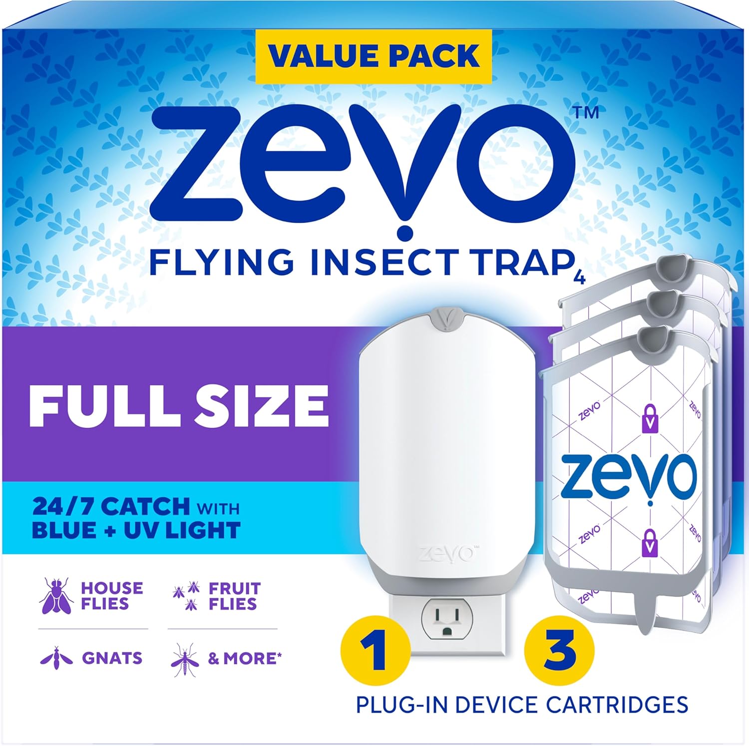 Zevo Flying Insect Trap for Fruit Flies & Gnats, 1 Base & 1 Refills | Fly Trap Catches House Flies, Gnats & Fruit Flies 24/7, Spray-Free, Odor-Free, Blue & UV Light, Safe for Kids & Pets*